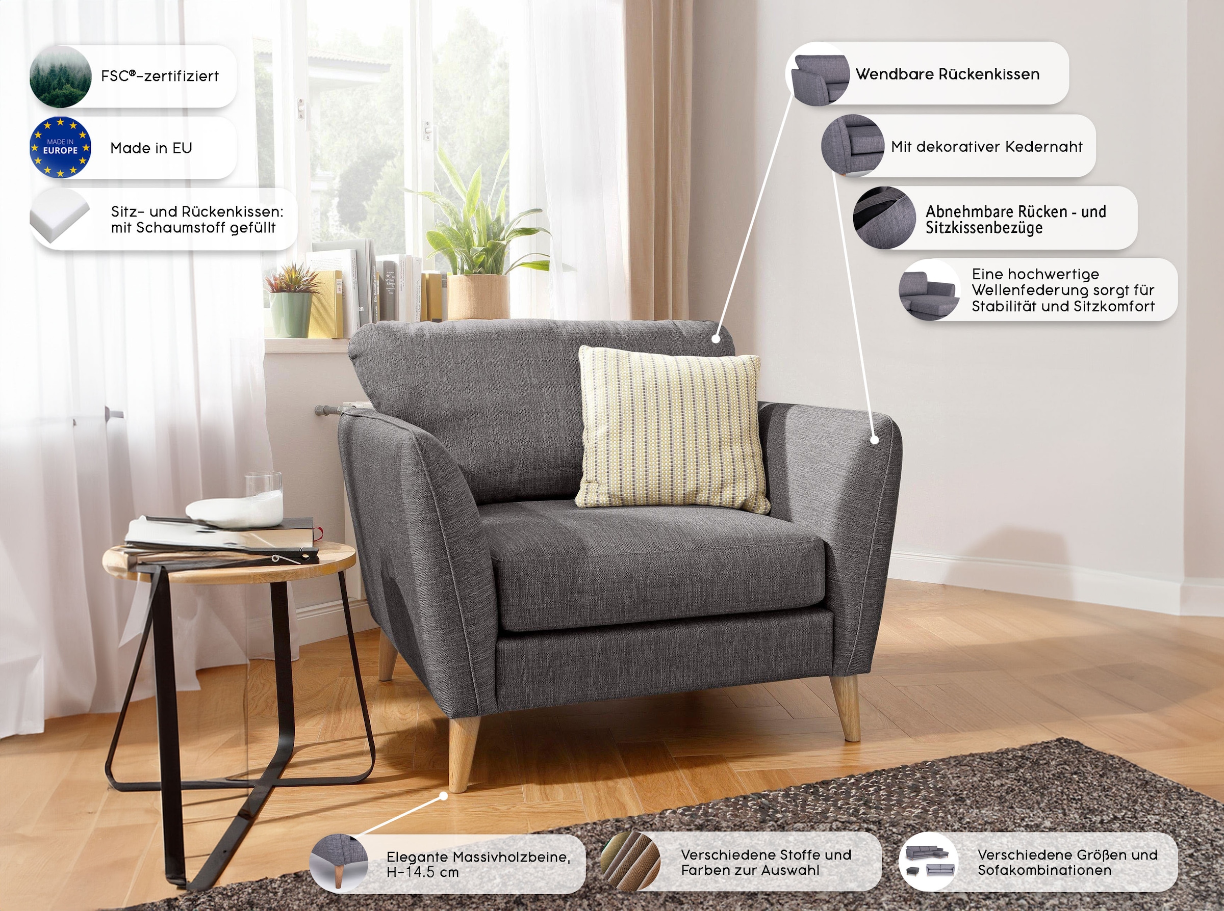 OTTO home Sessel »MARSEILLE« Massivholzbeine Eiche, Landhausstil, Wellenunterfederung
