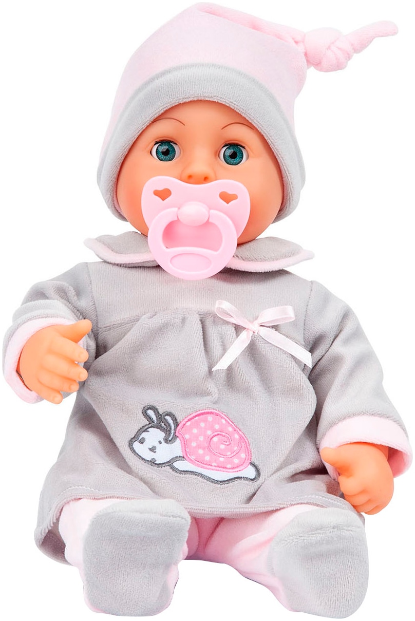 Bayer Babypuppe »First Words Baby, 38 cm grau/rosa«, (3 tlg.)