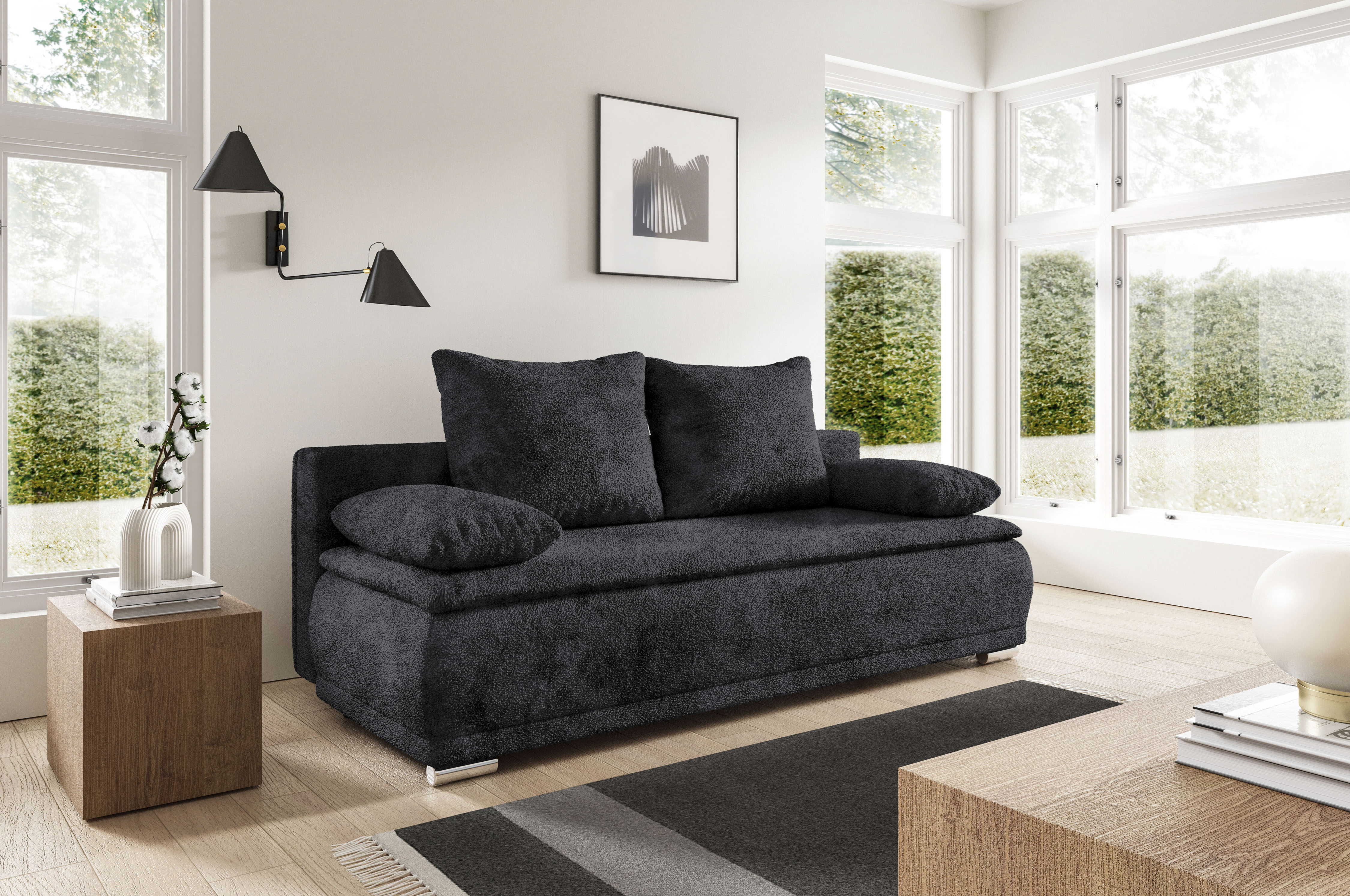 WERK2 Schlafsofa "Biggi 206 cm komfortabel und modern" Bouclé, Schlaffunktion, Bettkasten
