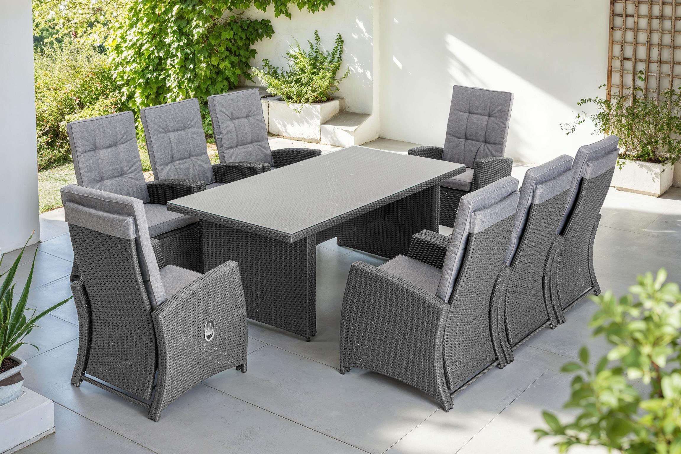 KONIFERA Garten-Essgruppe »»New Paris««, (Set, 25 tlg., 8 Sessel, Rückenlehne verstellbar, Tisch 100x200x75 cm, inkl. Auflagen), Aluminium/Polyrattan