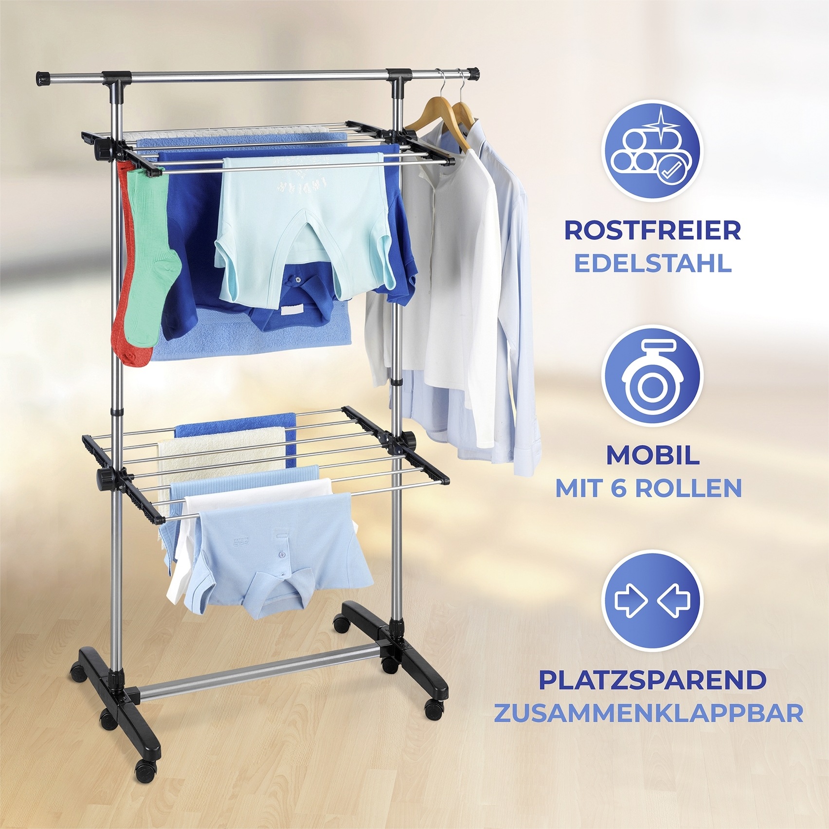 Thumbnail - Maximex Turmwäscheständer "Modell Platzsparend" Wäscheständer mit 2 Etagen und 6 Rollen, Trockenlänge 11 m, klappbar