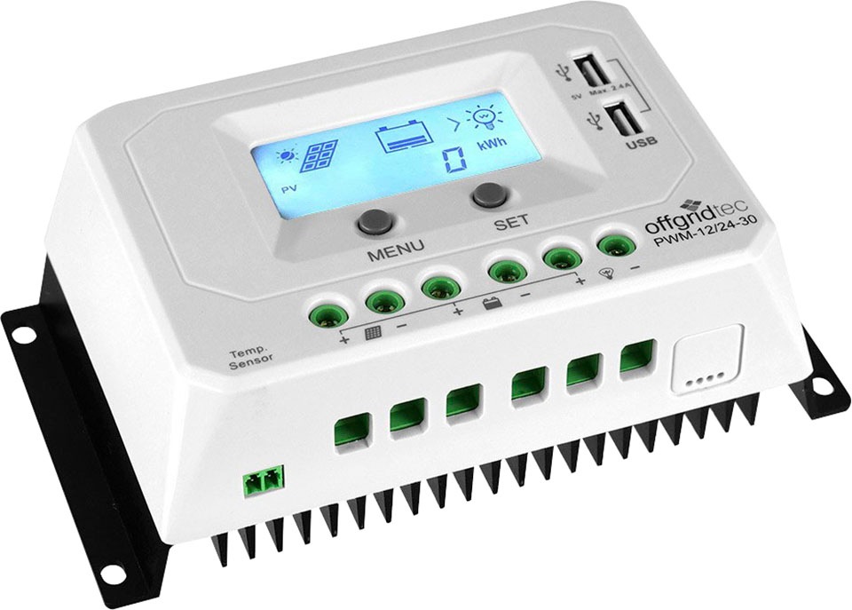 offgridtec Solarladeregler "PWM Pro Laderegler 12V/24V - 30A USB-Port", mit Verpolungsschutz, Integrierter Geräte-und Ba