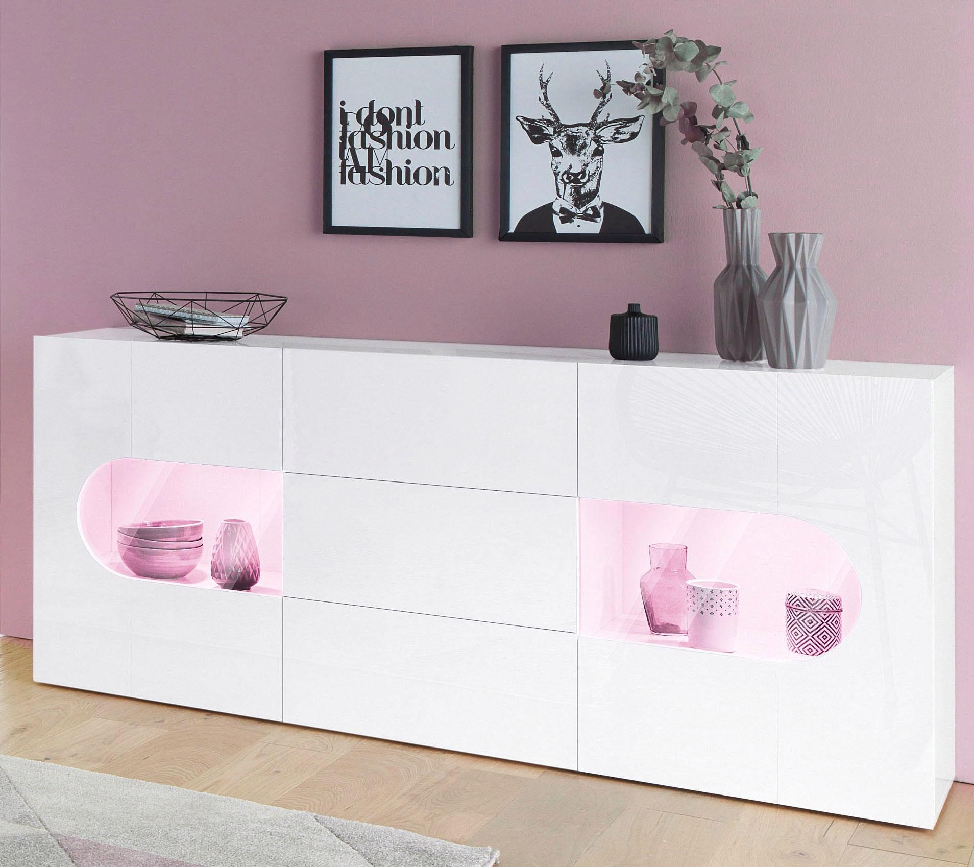 INOSIGN Sideboard »Real,Vitrine,Kommode,Schrank,Breite 180 cm komplett hochglanz lackiert«, mit 2 Glastüren und 3 Schubladen ohne Griff