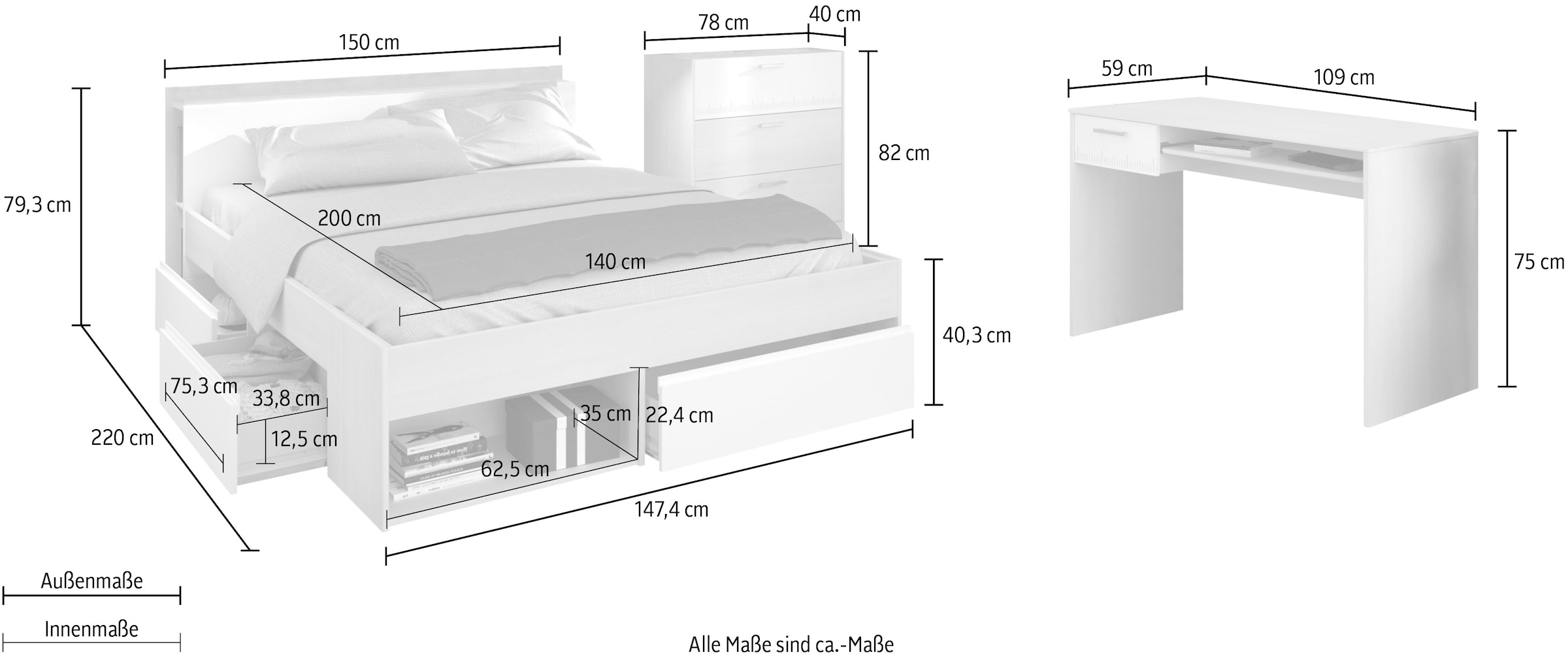 Parisot Jugendzimmer-Set »Most«, (Set, 3 St., Bett mit Schubkästen, Schreibtisch und Schubkastenkommode)