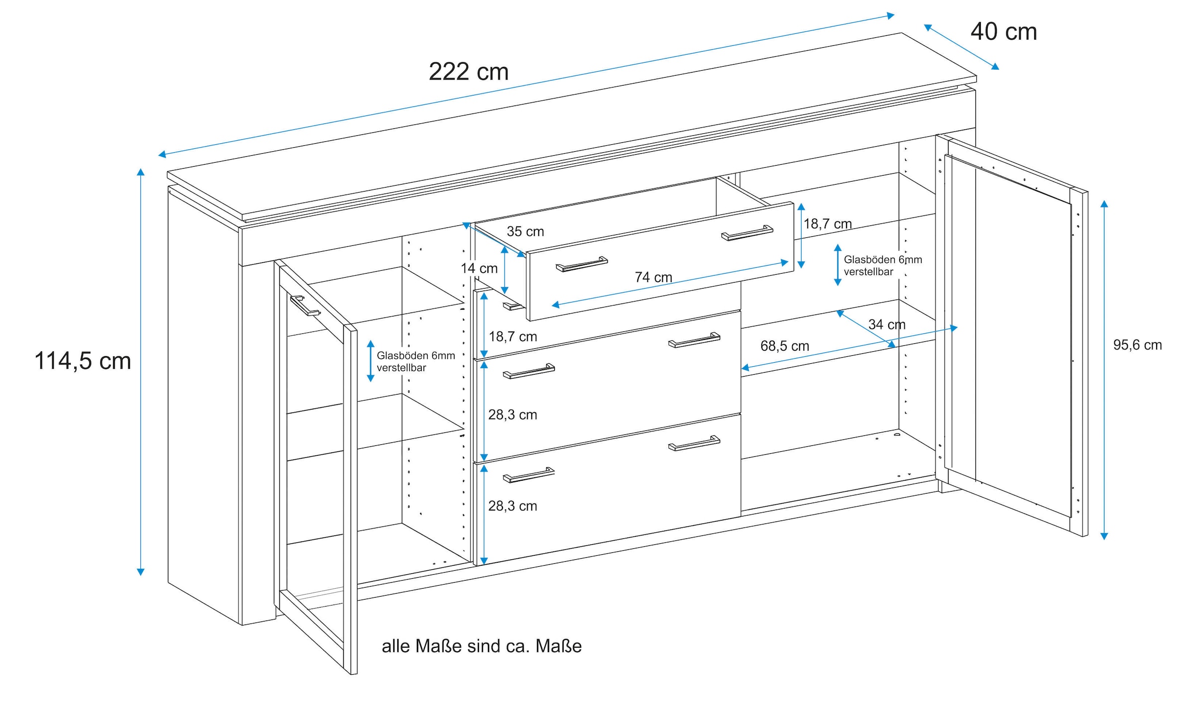 VOGL Möbelfabrik Highboard, Breite 222 cm