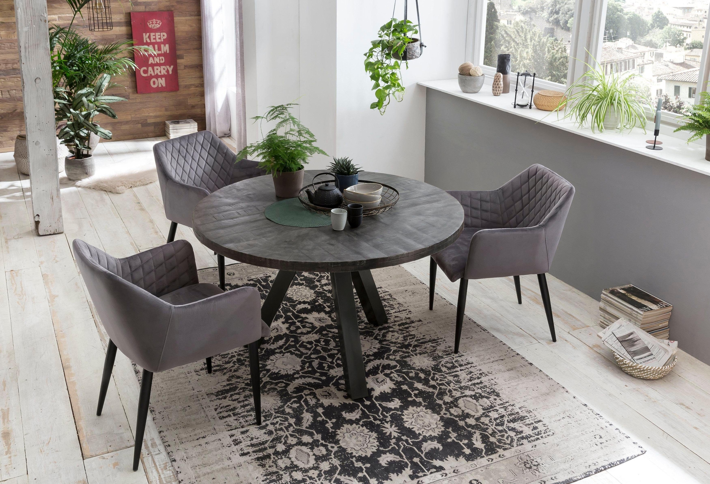 SIT Esstisch "Hanoi rund aus Mangoholz 120 cm Massivholz Vintage Industrial" 3-Bein-Gestell in Gun-Metal-Grau mit rustikaler Tischplatte