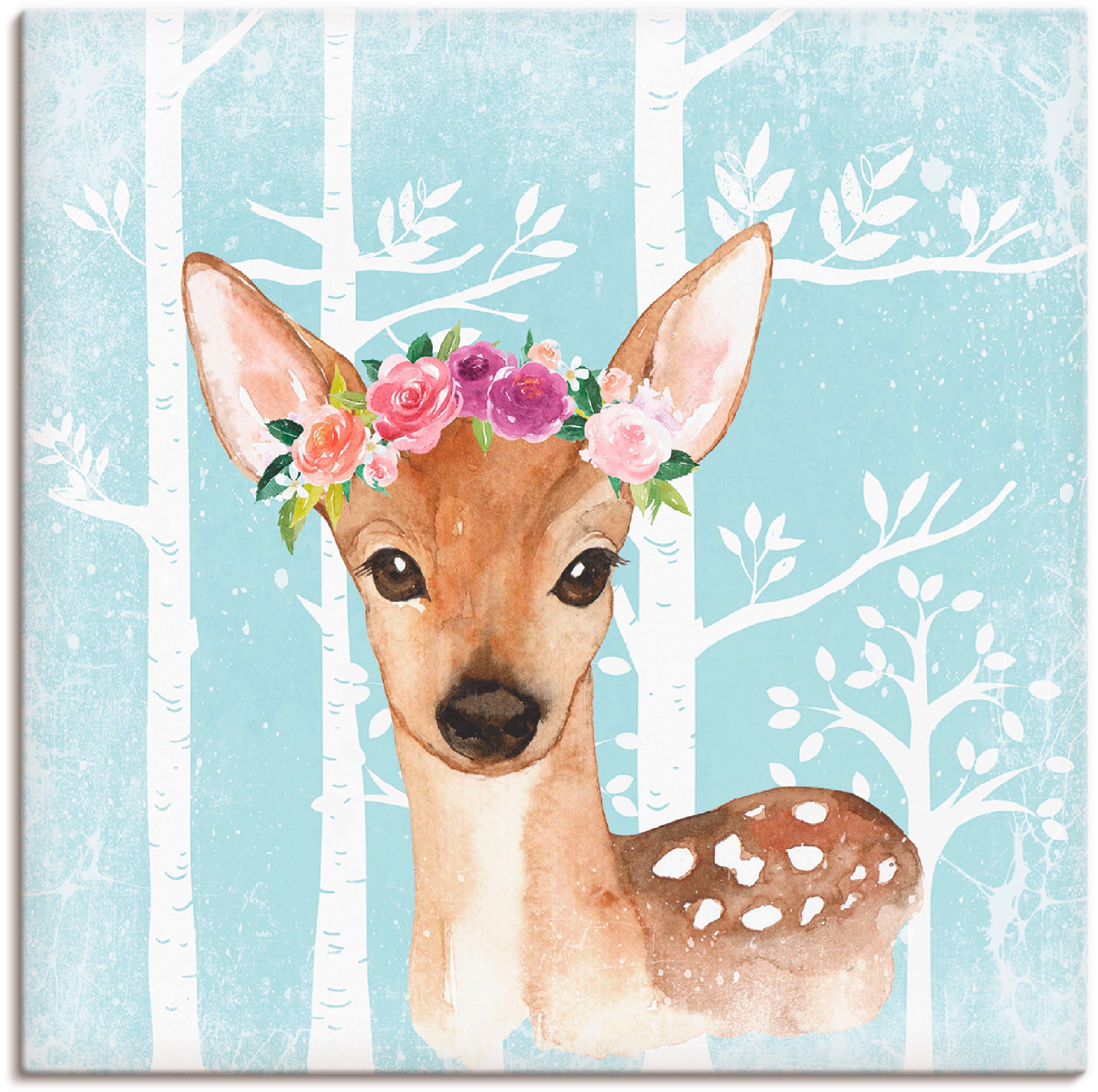 Artland Leinwandbild "Wild Reh mit Blumen im blauen Wald" Tiere 1 Stk. tlg. auf Holzrahmen gespannt