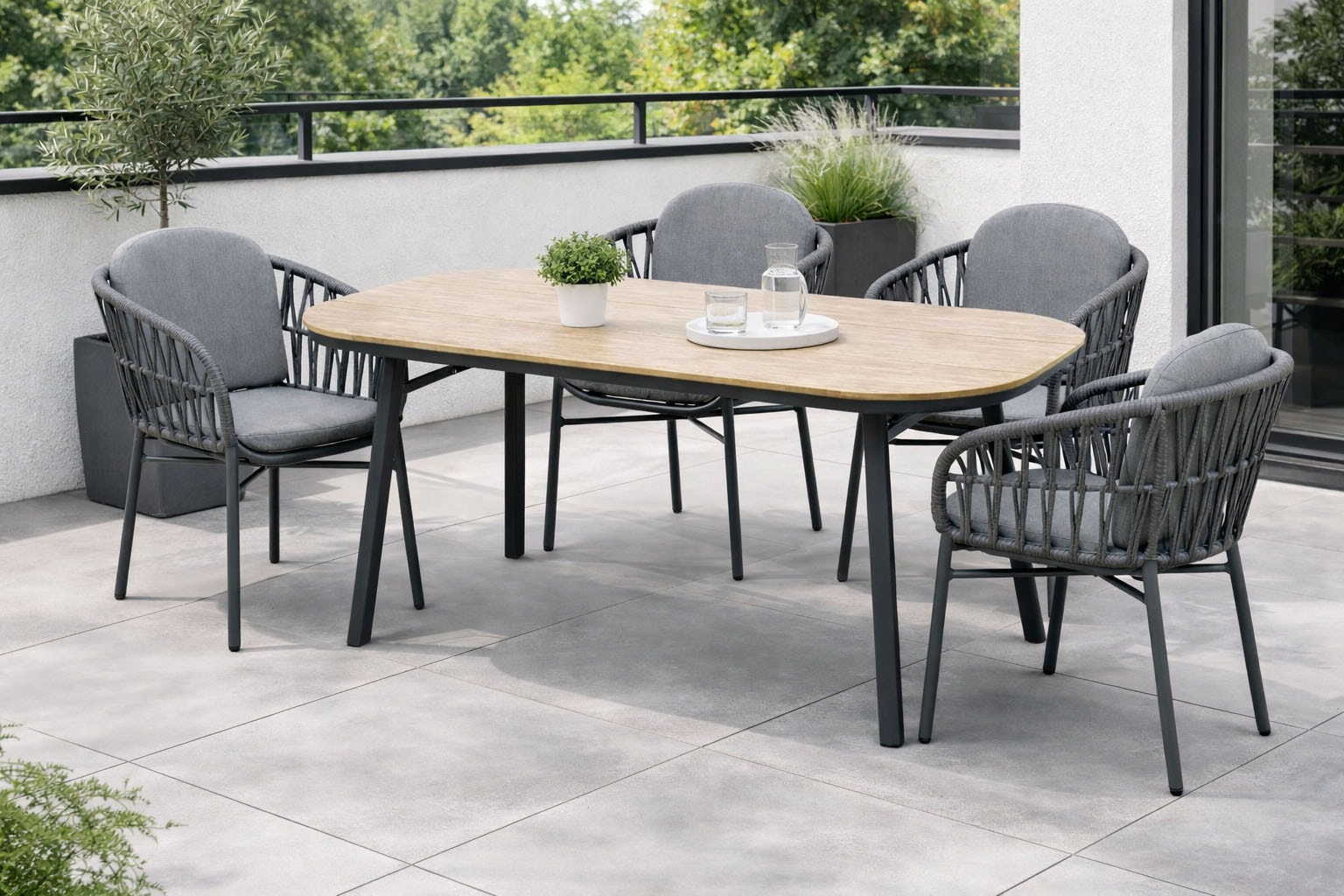 Destiny Garten-Essgruppe "COMO SAN MARINO 4 Se + Tisch OV 180x90cm holzfarben/ grau/ anthr." Set, Aluminium, Rope, Polywood
