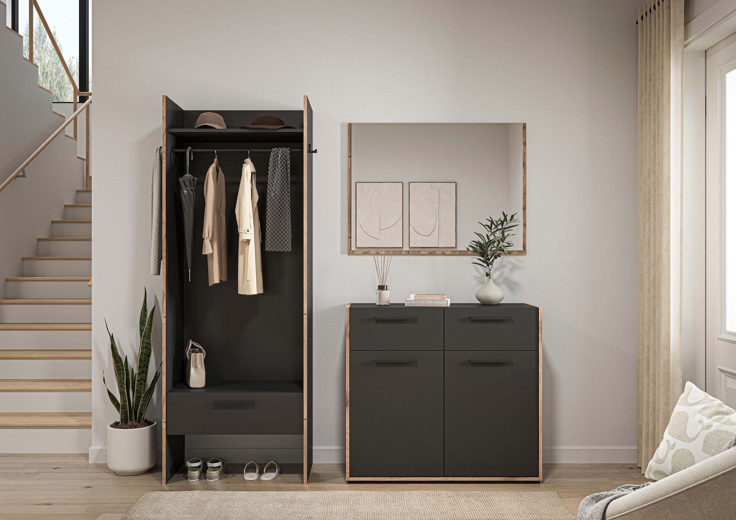 INOSIGN Garderoben-Set »MUSTA, 3-teilig: Garderobenschrank, Kommode & Garderobenspiegel«, Kombination, Kompaktgarderobe, Garderobenkombination, Garderobe