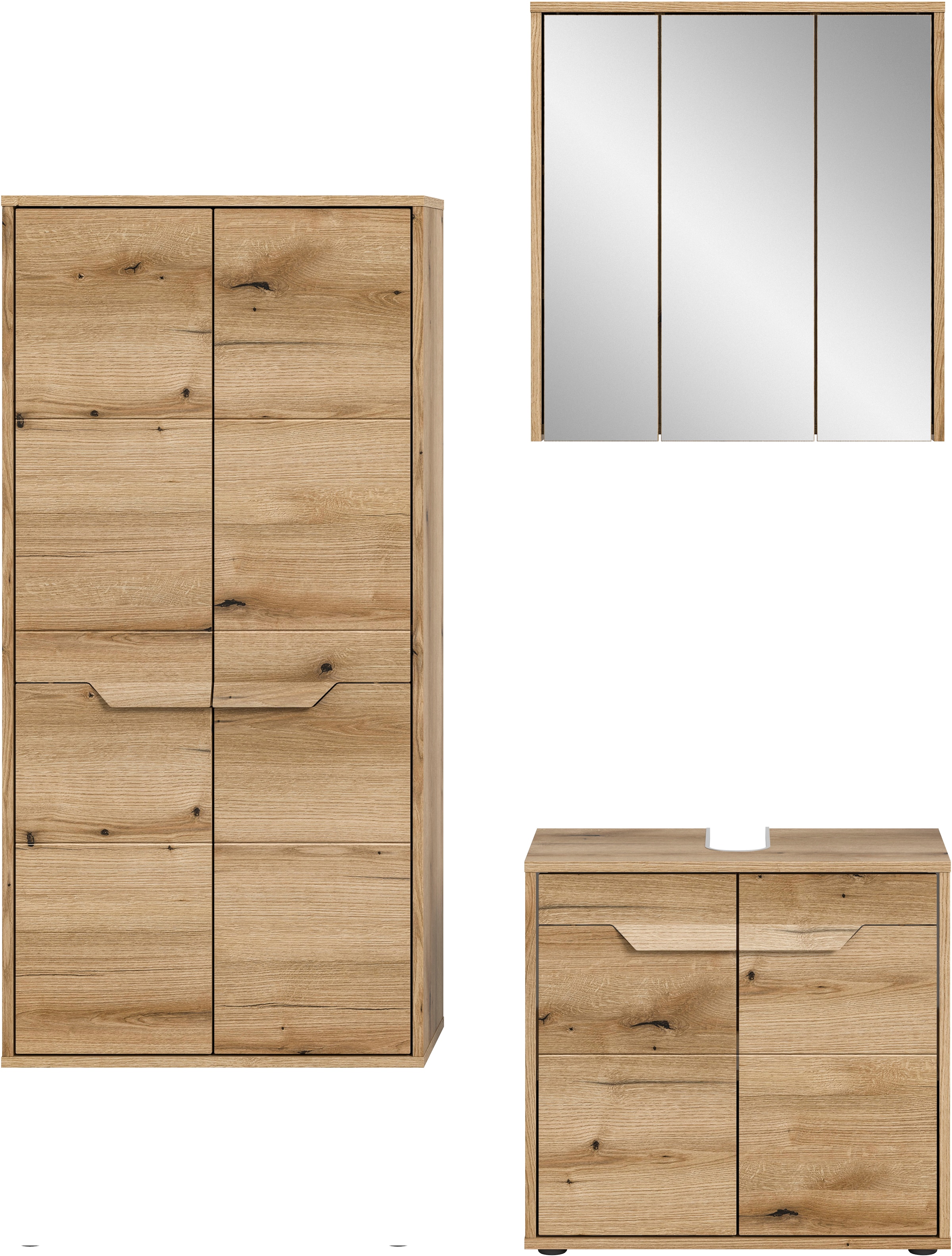 welltime Badmöbel-Set »Kayu, bestehend aus: Midischrank, Waschbeckenunterschrank,«, Spiegelschrank, hochwertige MDF Front mit Rillenfräsung, Bad, Bad Set