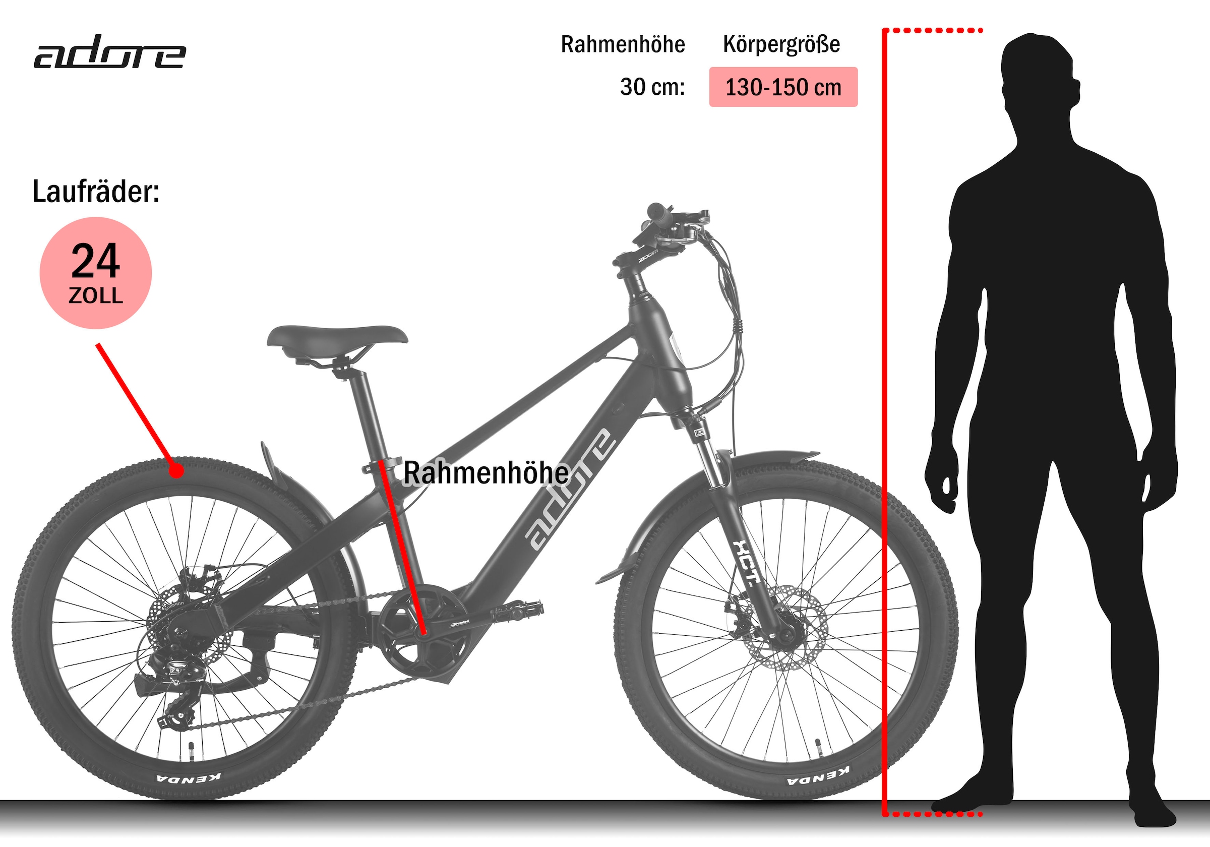 Adore »24" Alu Kids Citybike KS-240 Heckmotor 45NM / 10,4Ah Pitch Black matt« 7 Gang Shimano Tourney Schaltwerk Kettenschaltung Heckmotor 250 W Pedelec, Elektrofahrrad für Damen und Herren, MTB