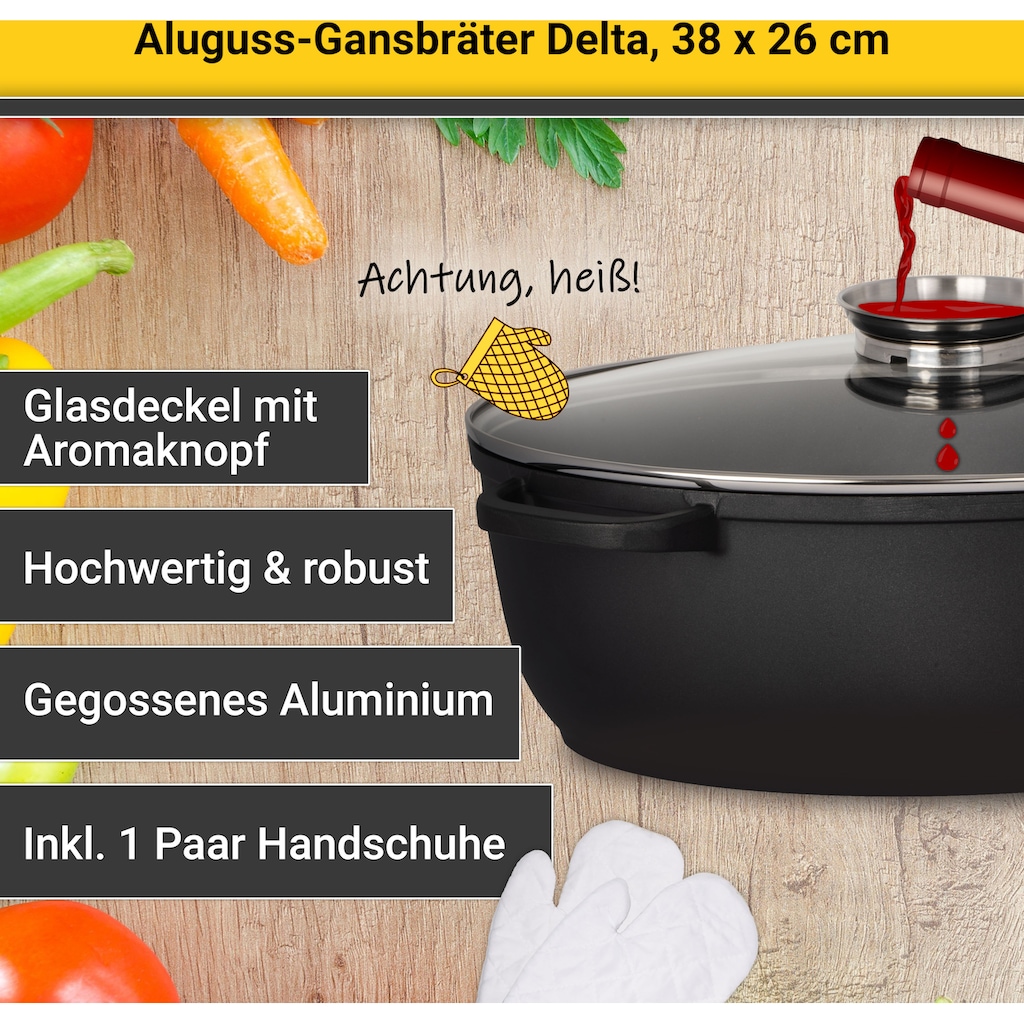 Krüger Bräter »Aluguss Gansbräter mit Glasdeckel und Aromaknopf DELTA, 38x26x13 cm«, Aluminiumguss, (1 tlg.)