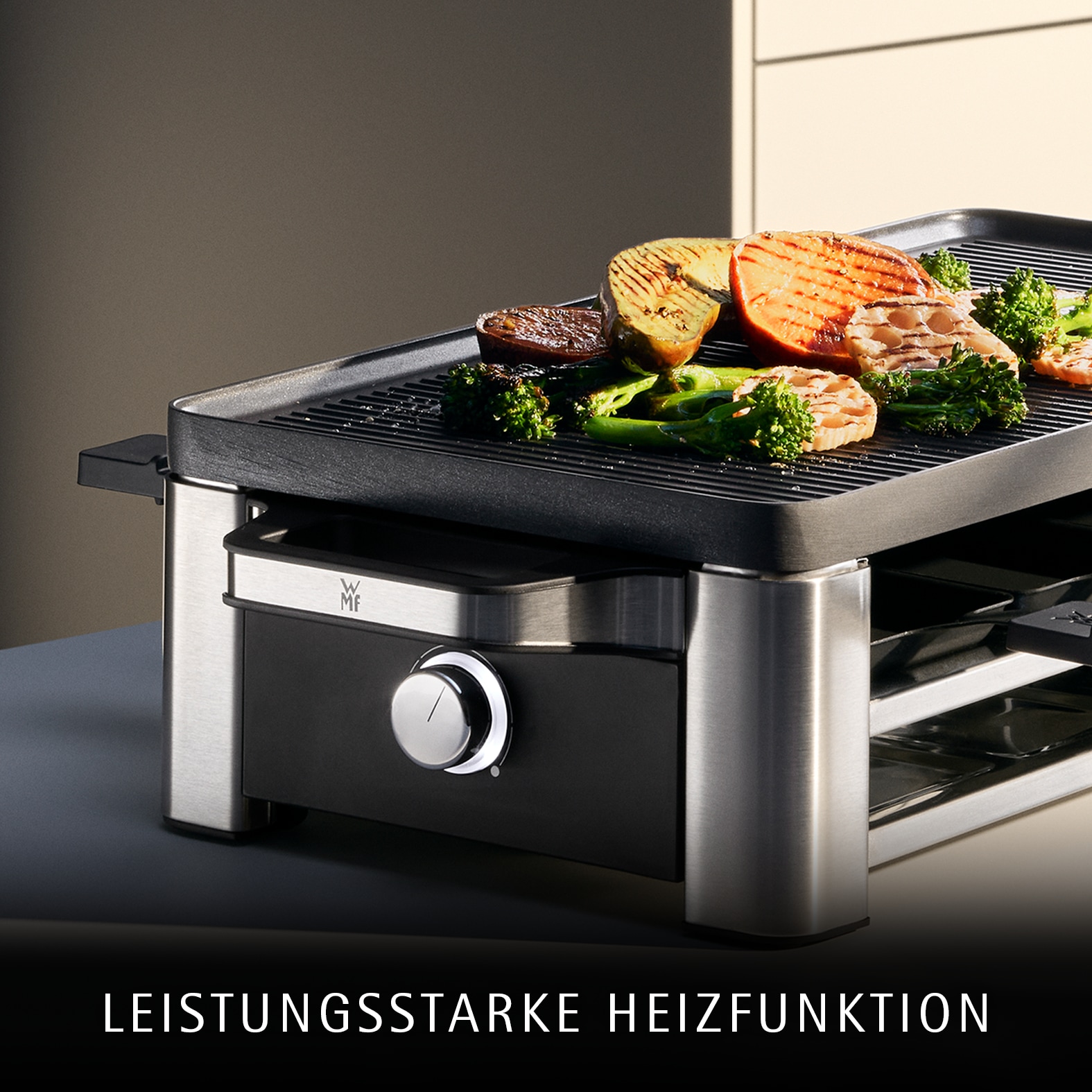WMF Raclette »LONO, inkl. Parkebene für unbenutze Pfännchen« 8 Stk. Raclettepfännchen 1.500 W Spülmaschinengeeignete Pfannen und Spatel, antihaftbeschichtete Platte