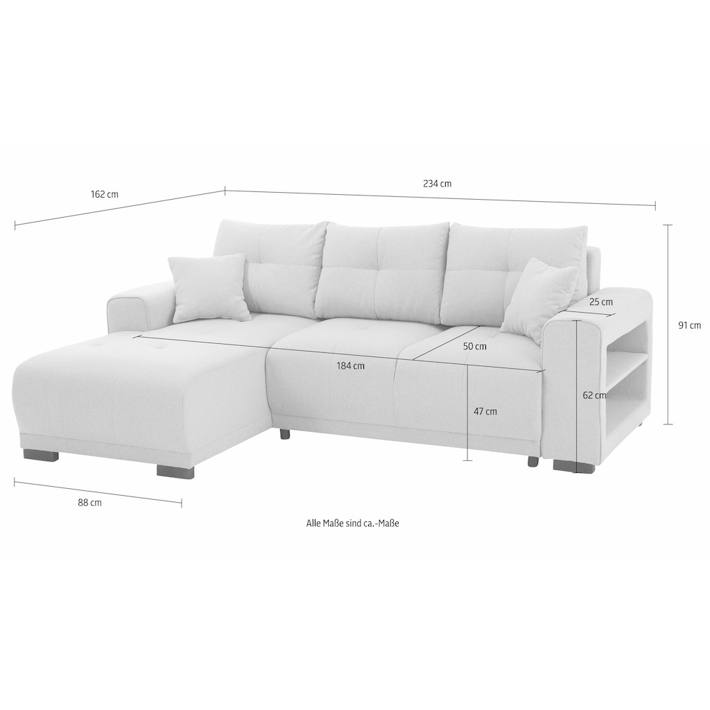 Home affaire Ecksofa »Viborg L-Form«, mit Regal in der Armlehne, wahlweise mit Bettfunktion