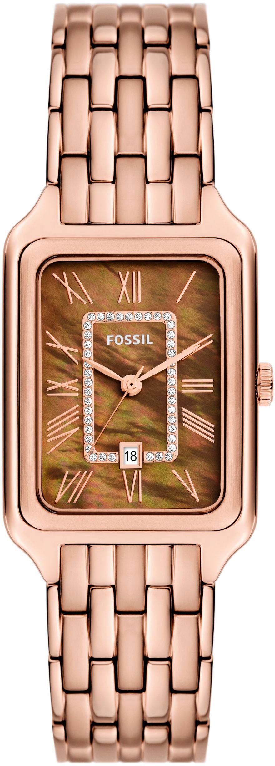 Fossil Quarzuhr »RAQUEL, ES5323«, Armbanduhr, Damenuhr, Datum, analog, Edelstahlarmband