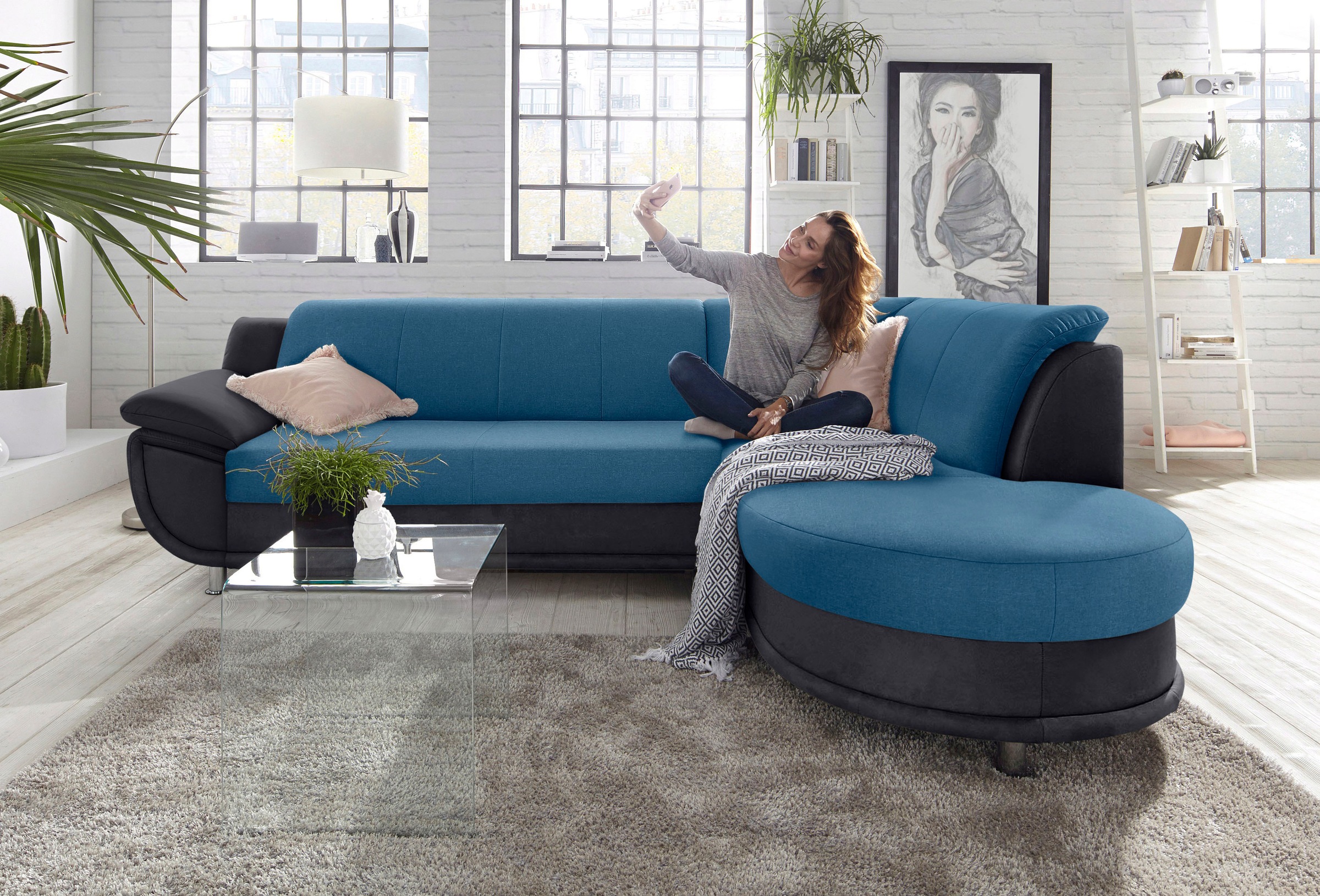 TRENDMANUFAKTUR Ecksofa »Rondo 3, zeitlos und bequem, Materialmix, breite Armlehnen, L-Form«, wahlweise mit Federkern für mehr Komfort, wahlweise mit Bettfunktion