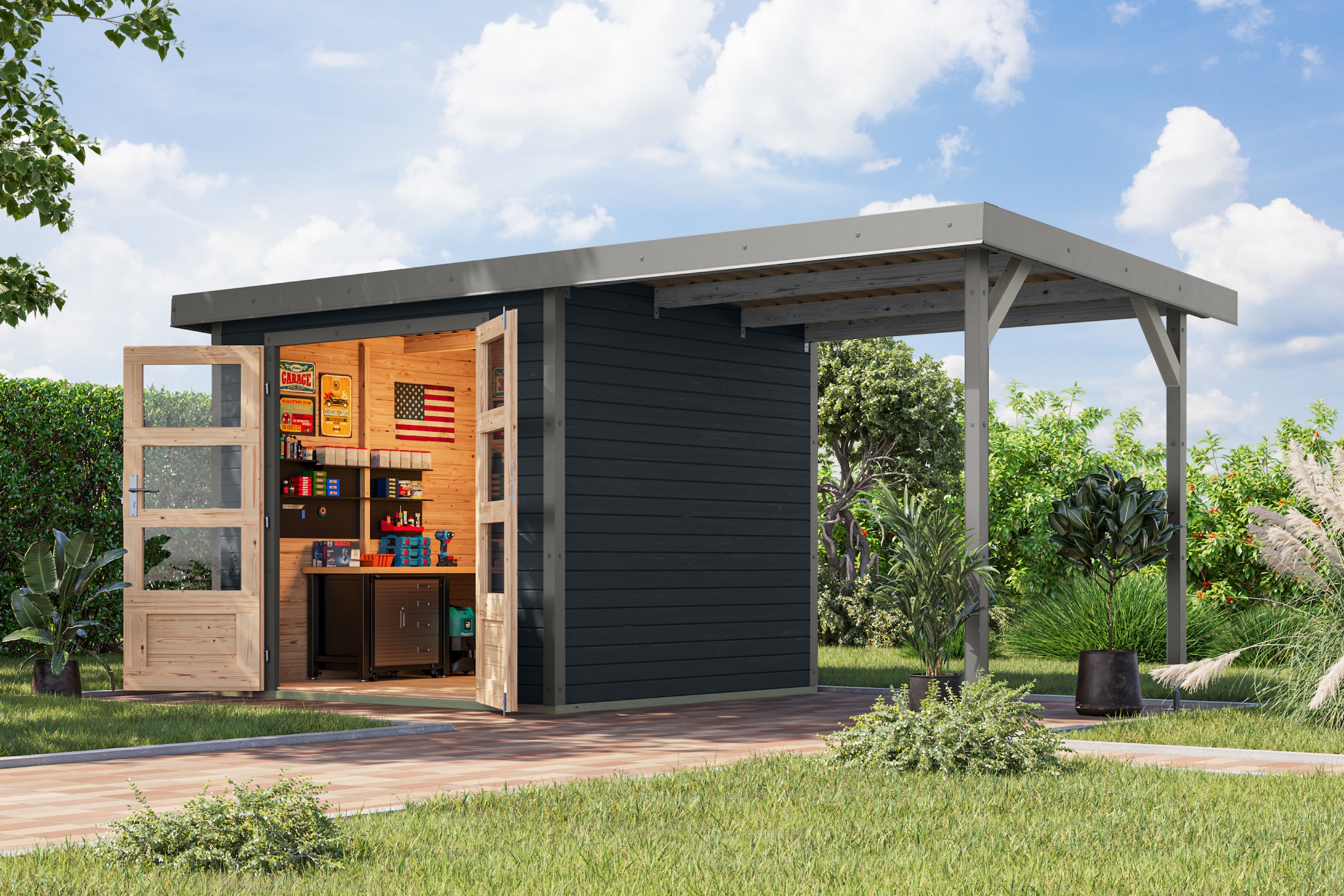 Karibu Gartenhaus "Jupiterino 3 SET, in verschiedenen Farben" inkl. Anbaudach