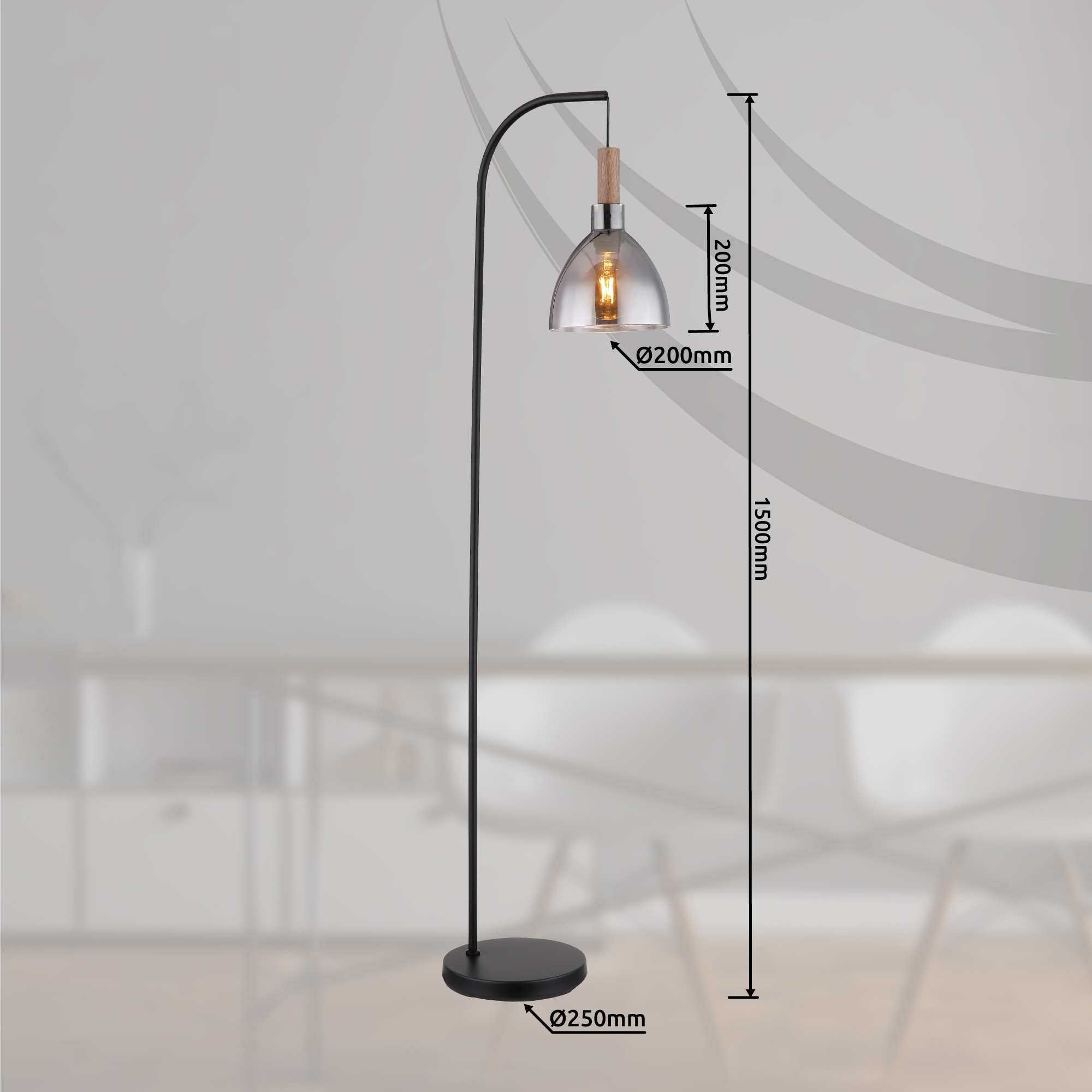 GLOBO LIGHTING Stehlampe »MATTEA« E27 1 Stk. Schwarze Stehleuchte mit rauchfarbenem Glas und Holzoptik