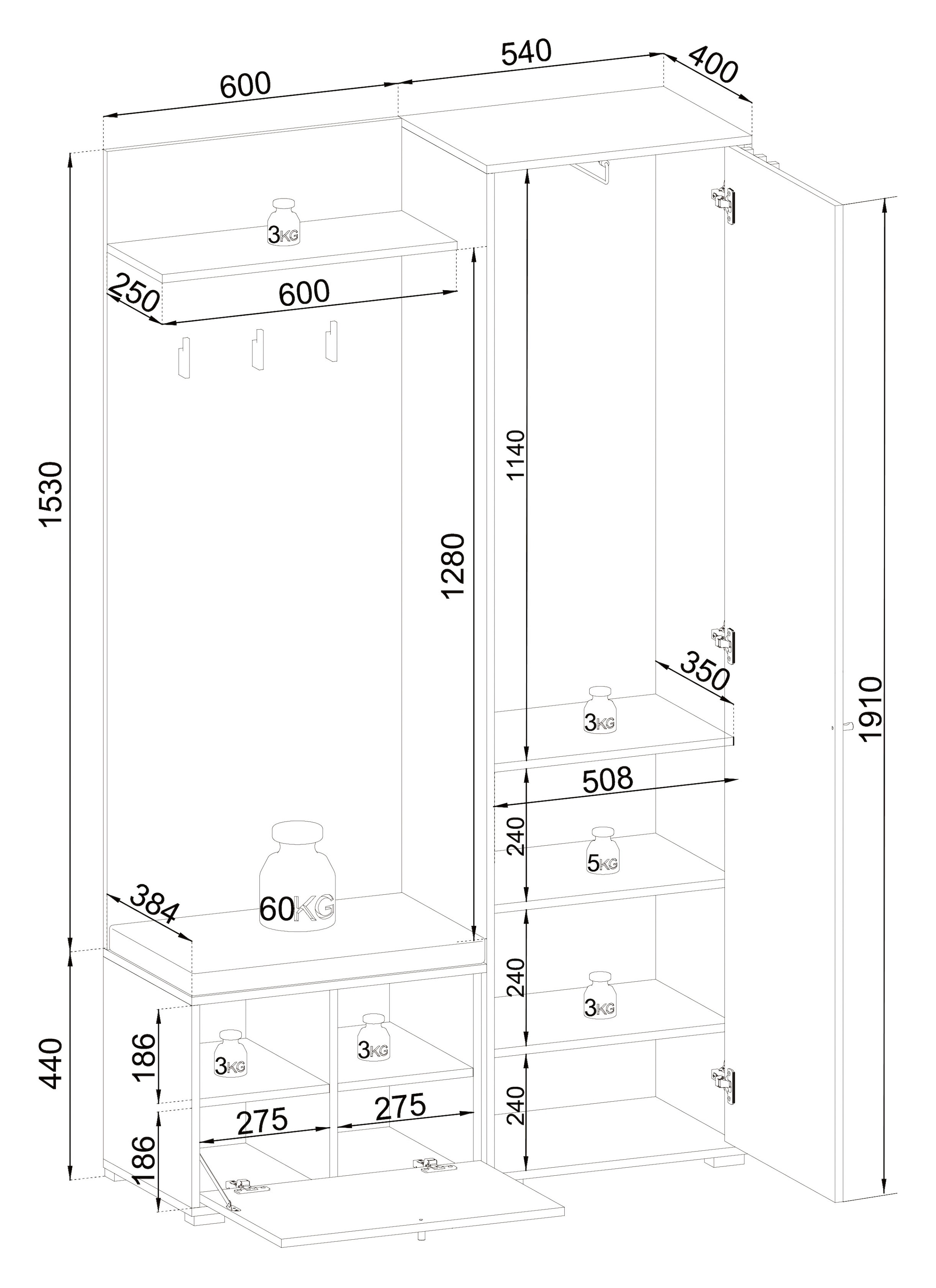 HBZ Kompaktgarderobe »Volano in schwarz Eiche Artisan«, (1 St.)