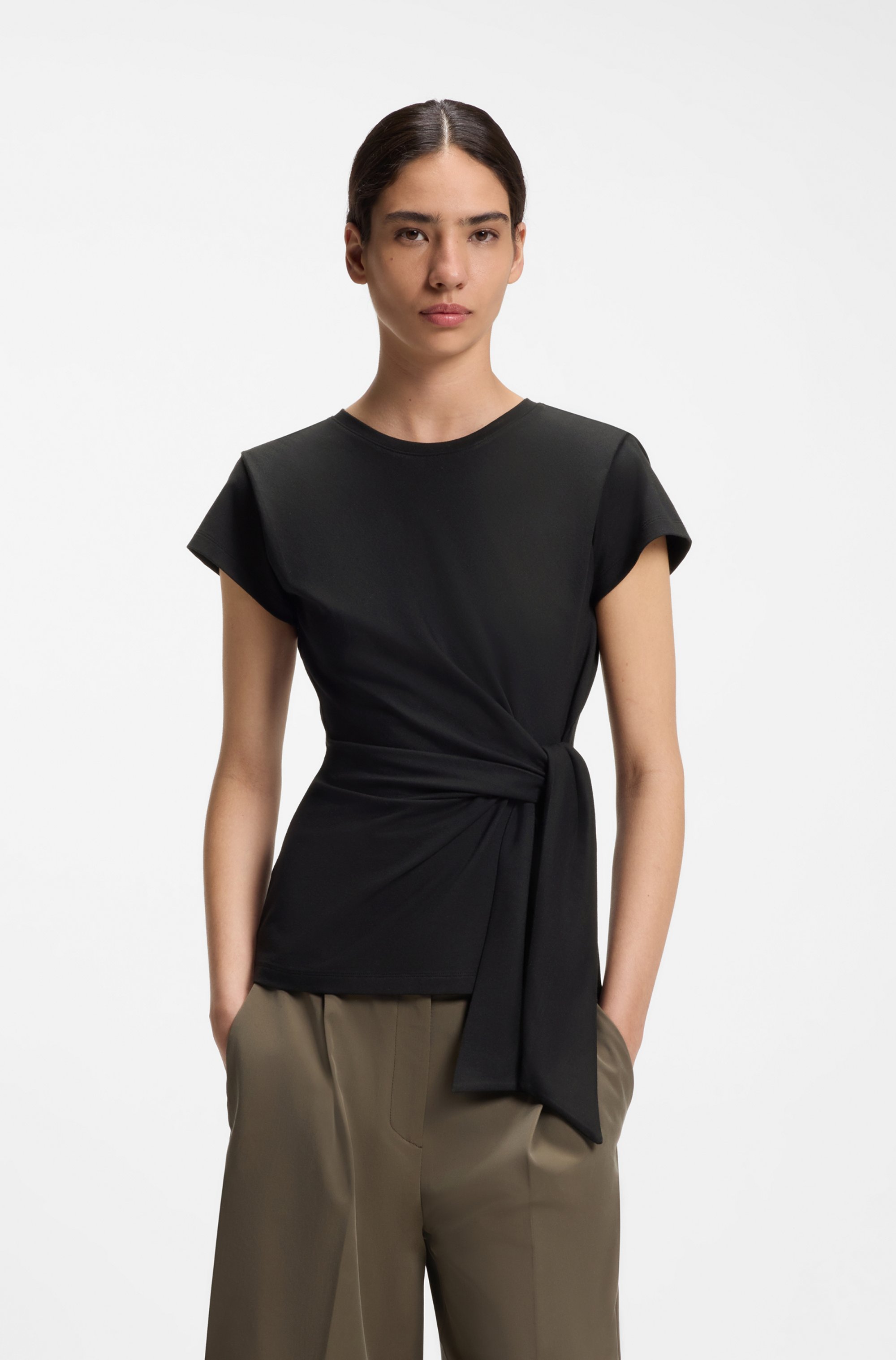 BOSS ORANGE Kurzarmshirt "Erlan Premium Damenmode" mit Knoten-Detail, figurbetont