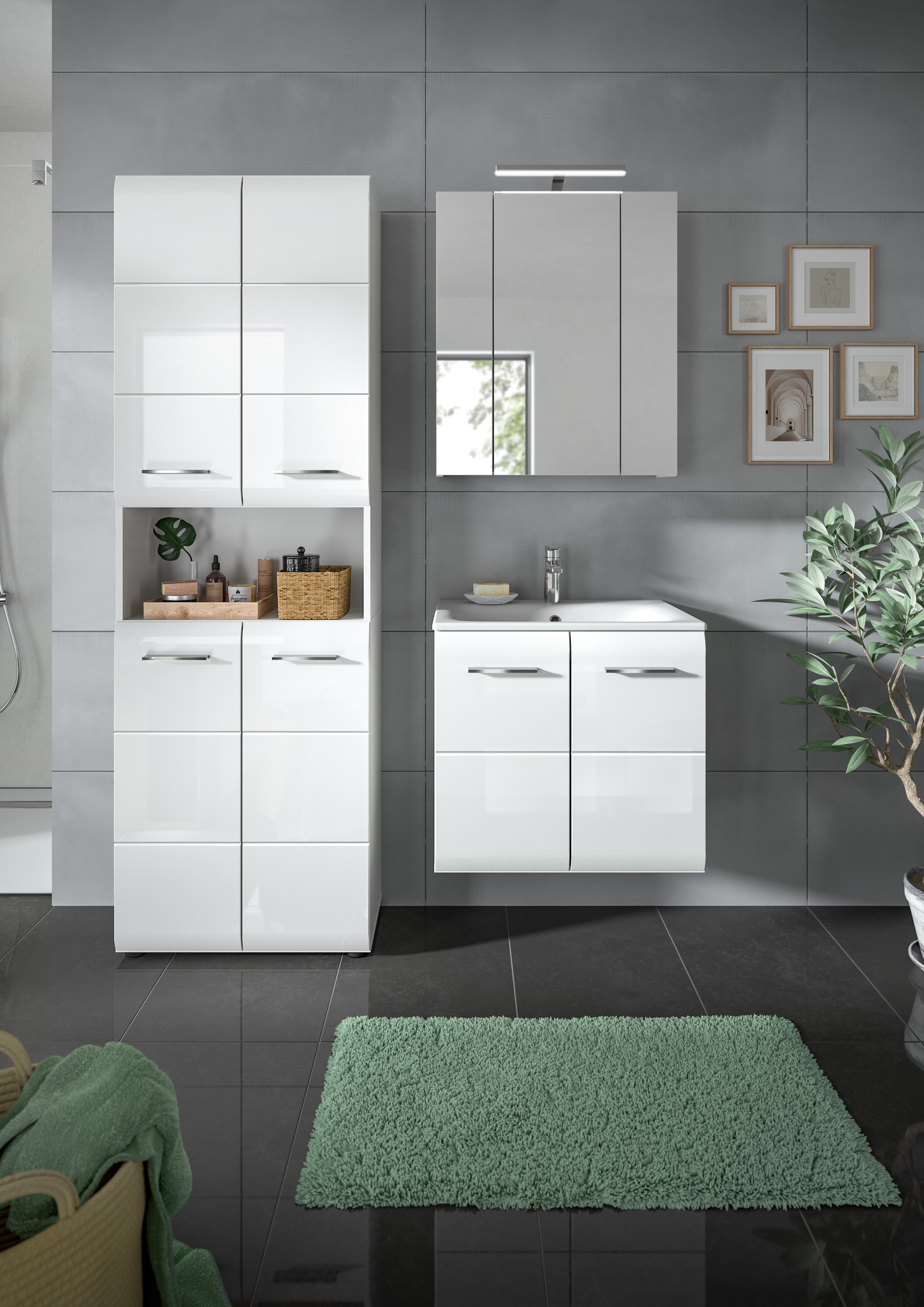 INOSIGN Badezimmer-Set, (Set, 5 St.), Florenz, Badkombination 5-tlg,Weiß hochgl. inkl. Waschbecken+Bel.
