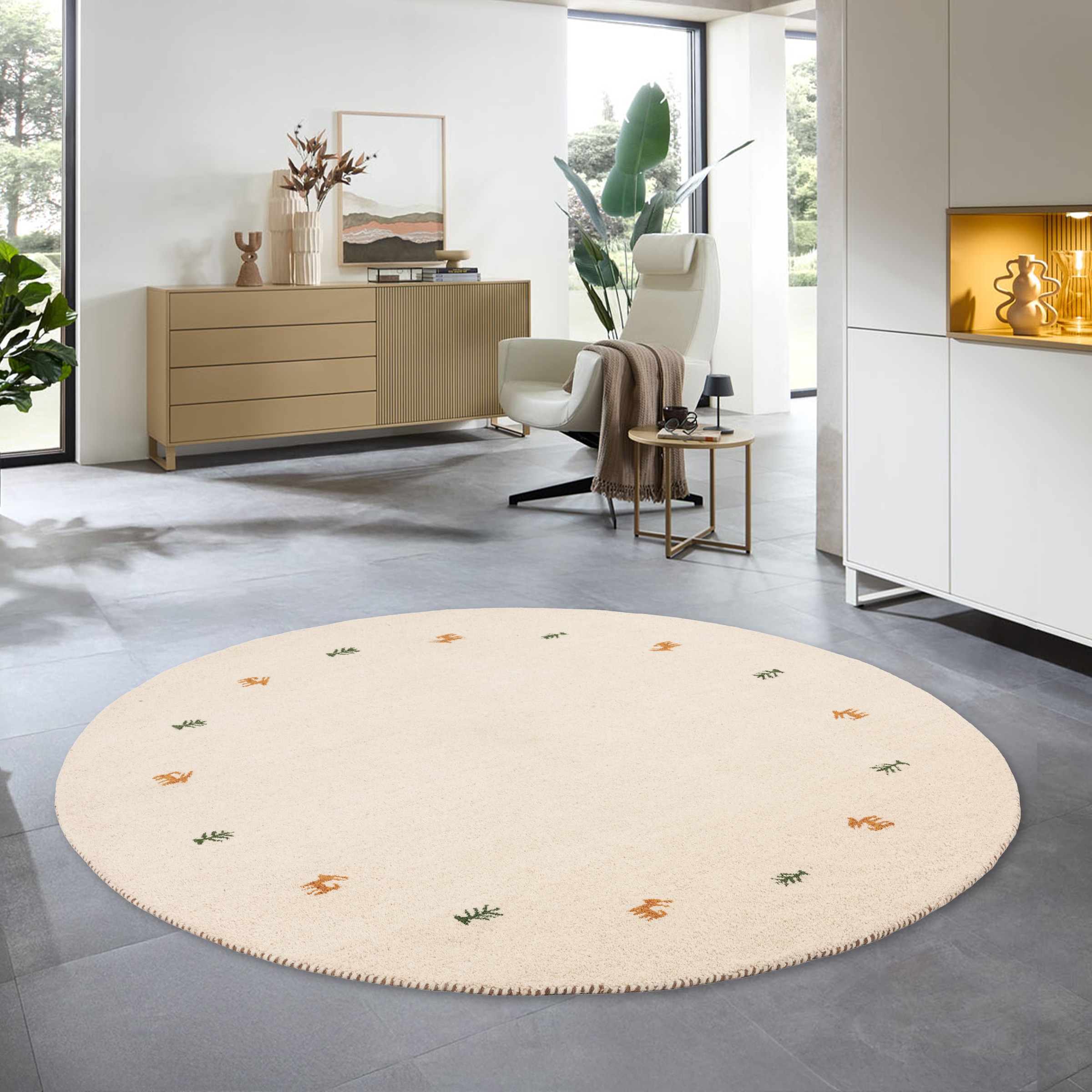 THEKO Wollteppich »Gabbeh Motiv, Handweb Teppich, Tiermotiv, reine Wolle, handgewebt«, rund, 14 mm Höhe, reine Wolle, handgewebt, Wohnzimmer, Schlafzimmer, Esszimmer