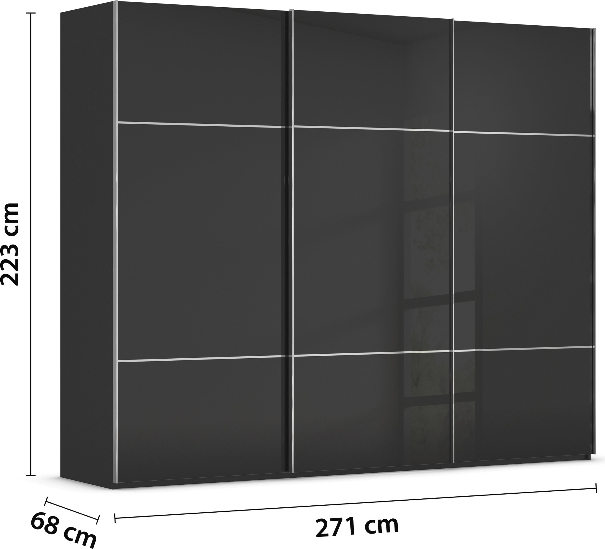 rauch Schwebetürenschrank »Kleiderschrank Schrank Garderobe Schlafzimmerschrank SCALE-TRIO«, edle dreigeteilte Front mit 2 Zierleisten Glasfront MADE IN GERMANY
