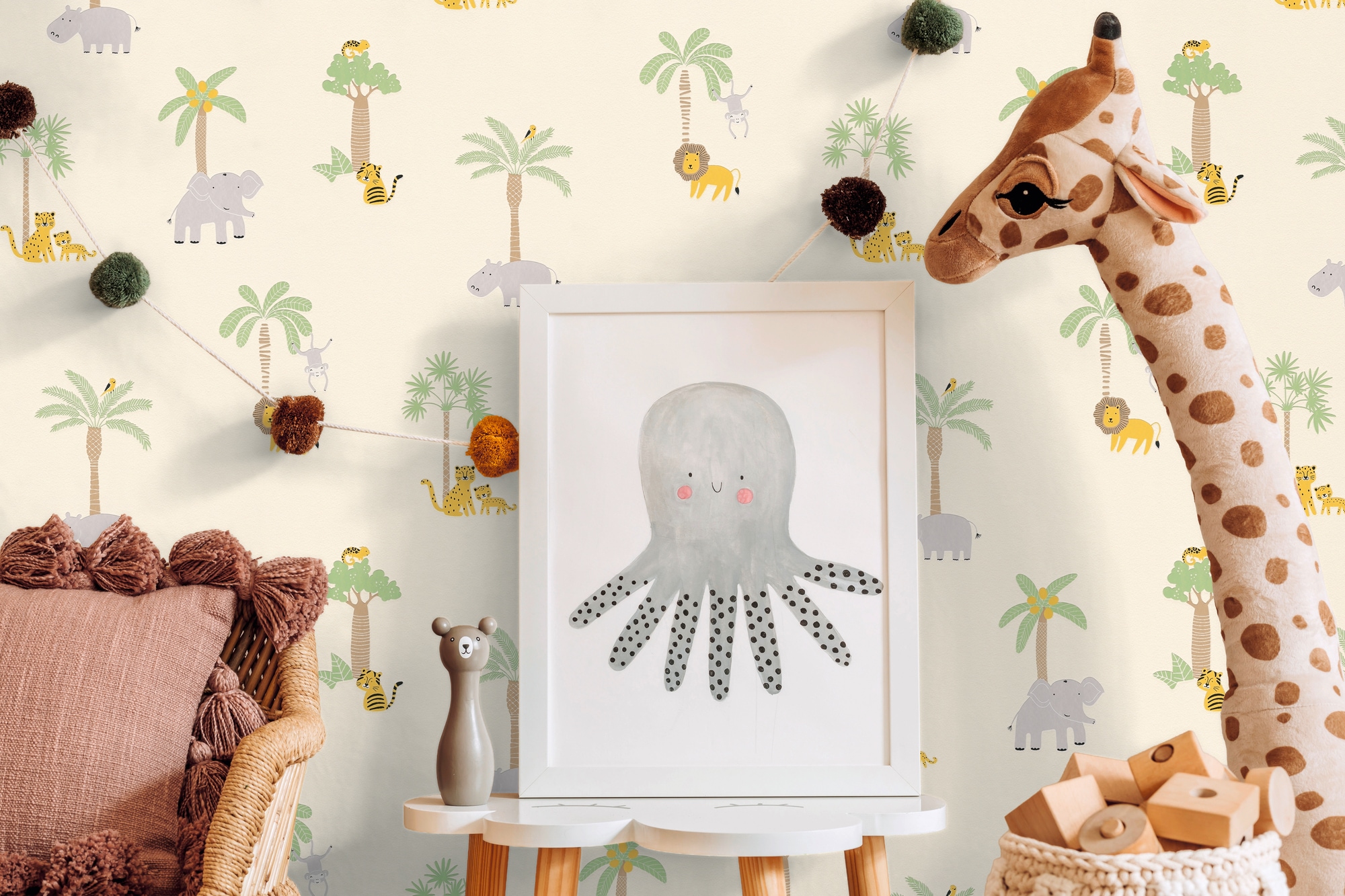 living walls Vliestapete »Kids Studio Safari – Tier Vliestapete für Kinder« Motiv | grafisch | naturalistisch glatt Safari-Tiere mit Elefanten, Tigern und Palmen