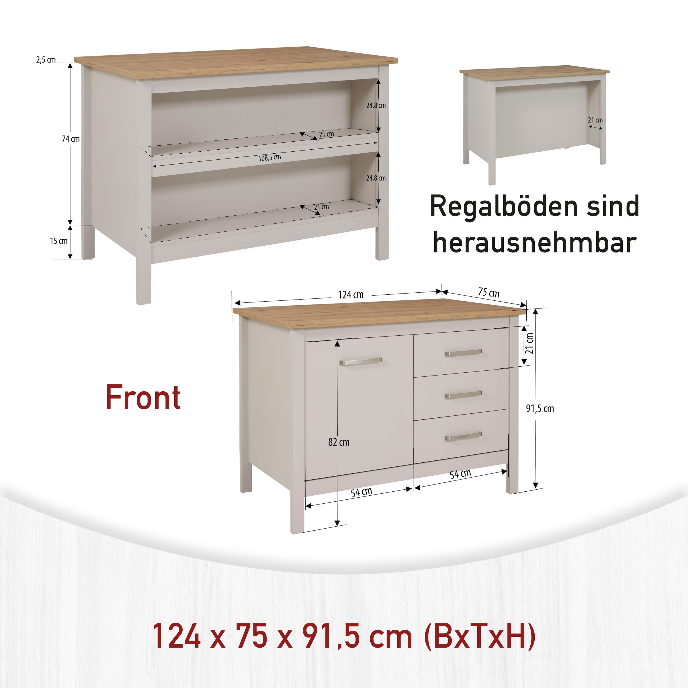Inter Link Bartisch »Pienza, multifunktional für Küche & Essbereich, Kaschmir, Skandi Look« 1 Stk. tlg. Kücheninsel mit Soft-Close, Platz für 2 Hocker, 124x75x91 cm