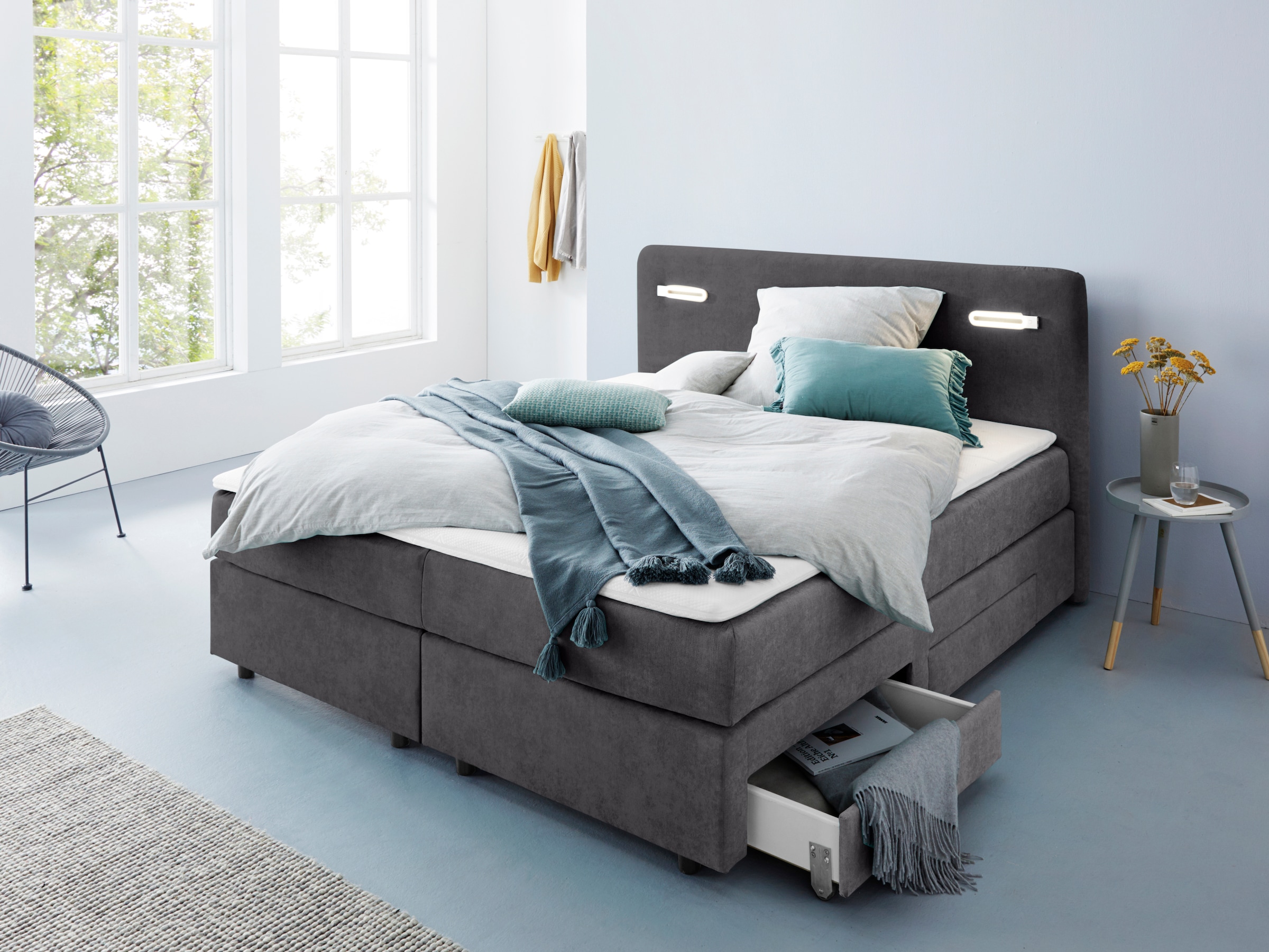 INOSIGN Boxbett »Luan«, Schubkästen, LED-Beleuchtung und Topper, in Breite 120 cm und 180 cm