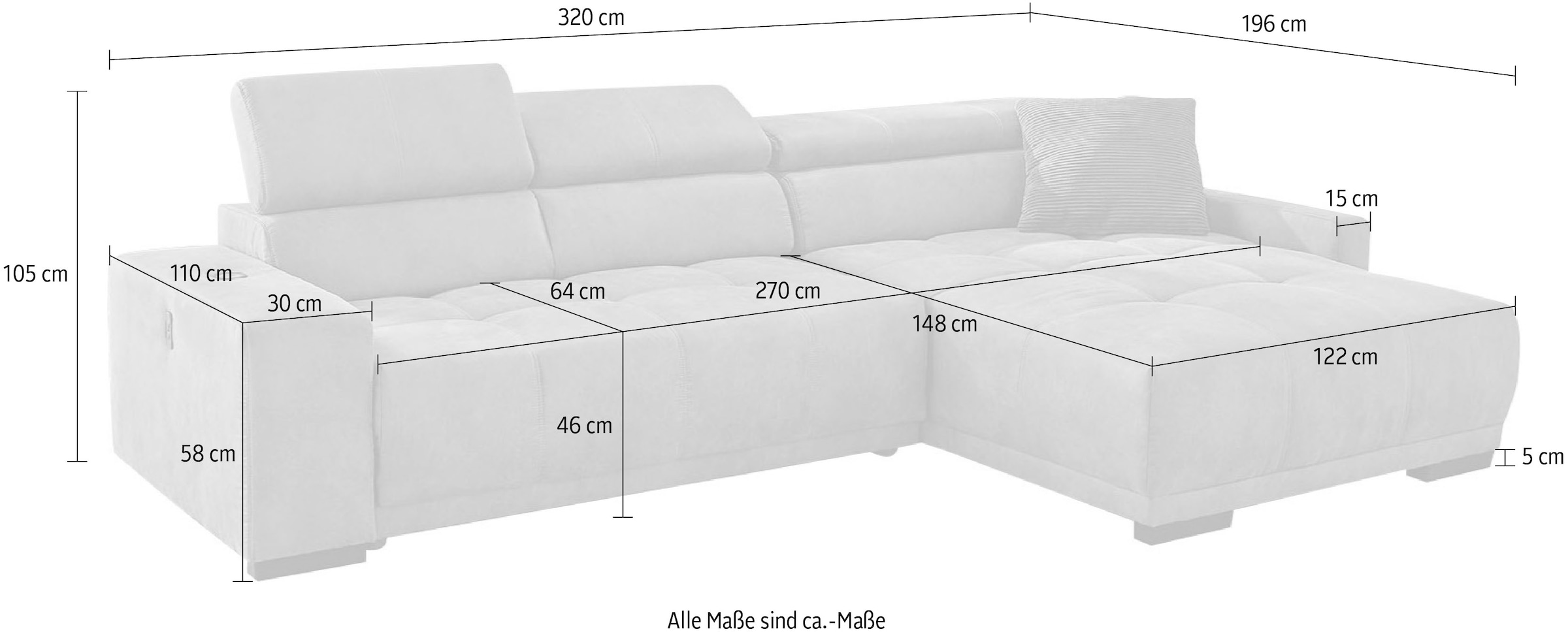 Jockenhöfer Gruppe Ecksofa »Le Mans L-Form mit elektromotorischer Sitztiefenverstellung (30 cm)«, und induktiver Lademöglichkeit + USB A und C, verstellbare Kopfstützen