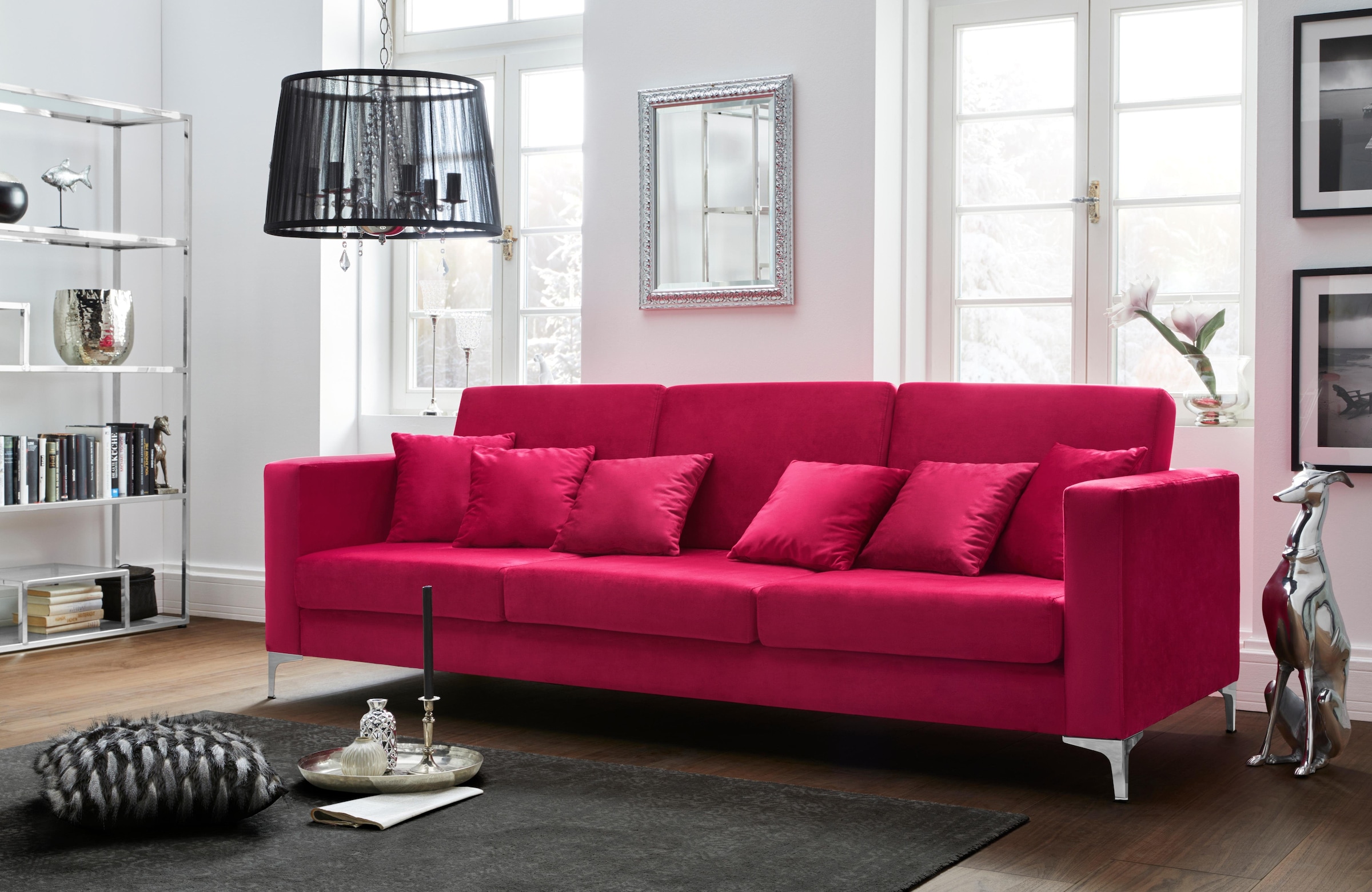 Leonique 3-Sitzer "Miami", 3-Sitzer Sofa, pink, Velours, Chromfüße, Design, 245x97x85