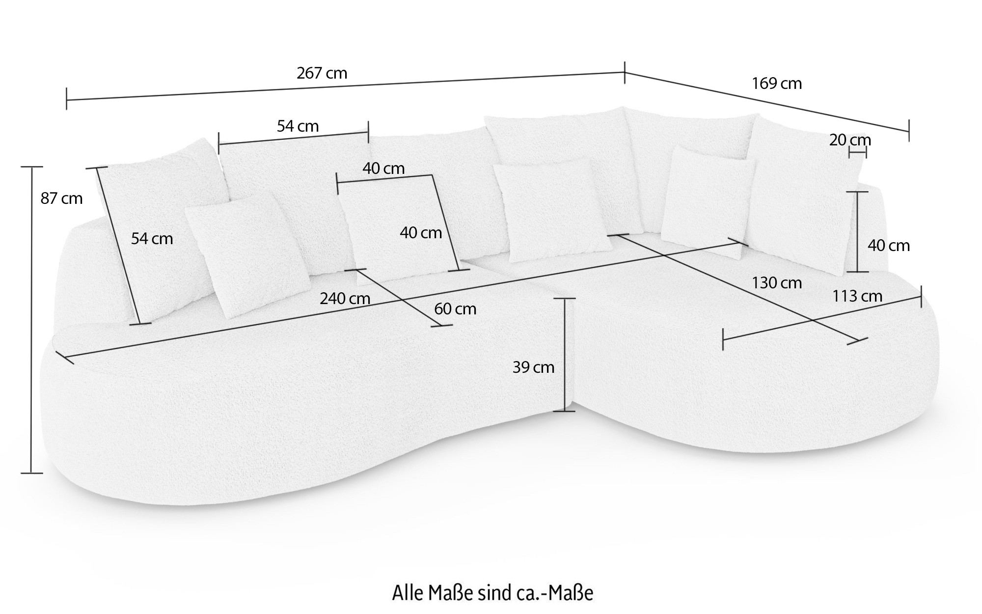 homsy by Ana Johnson Ecksofa »PEBBLA L-Form mit vielen Kissen, modernes Design, Bezug- Struktur« Breite 267 cm, Design-Sofa mit Ottomane recht/links bestellbar