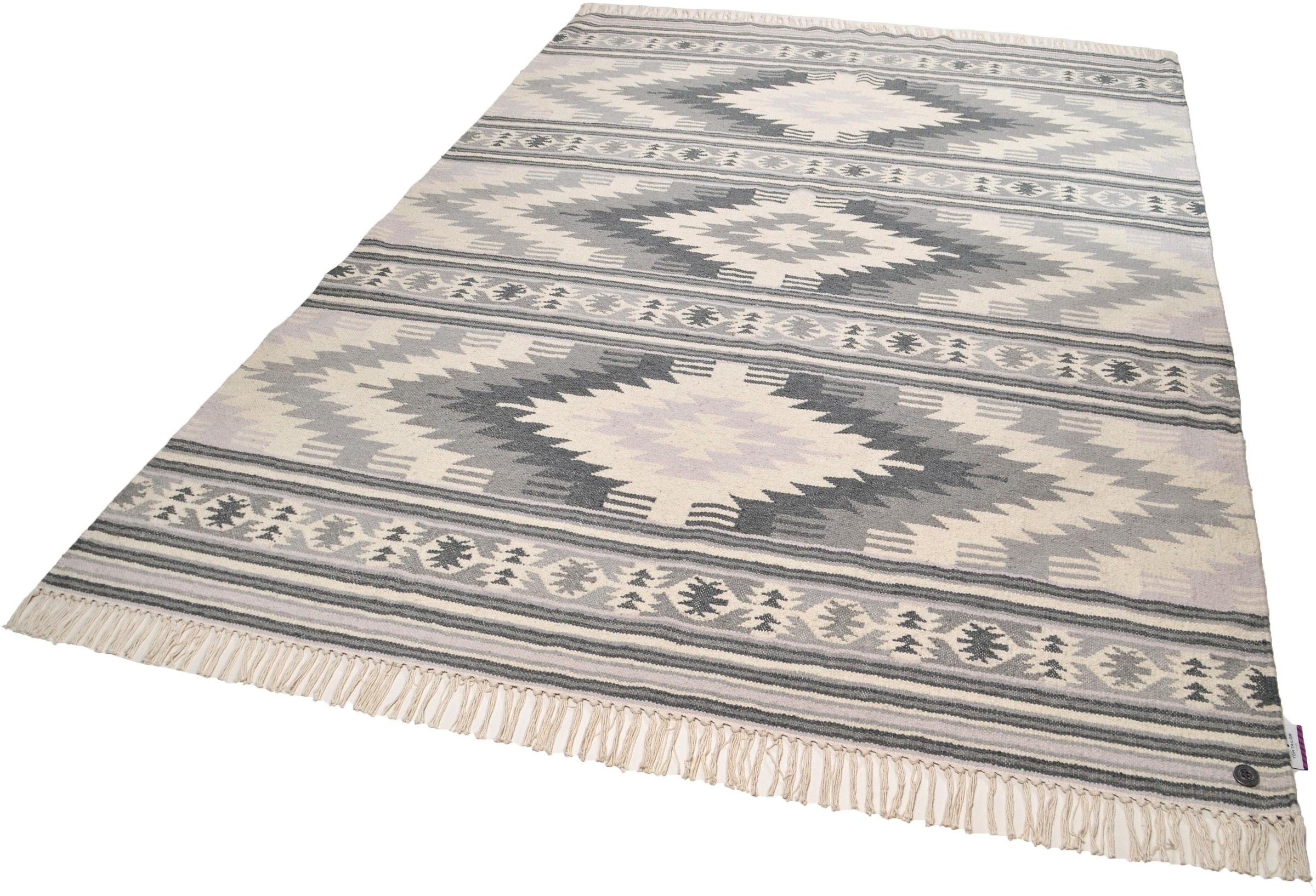 TOM TAILOR HOME Wollteppich »Kelim Colors I«, rechteckig, 5 mm Höhe, reine Wolle, robust und strapazierfähig, mit Fransen, Boho-Style