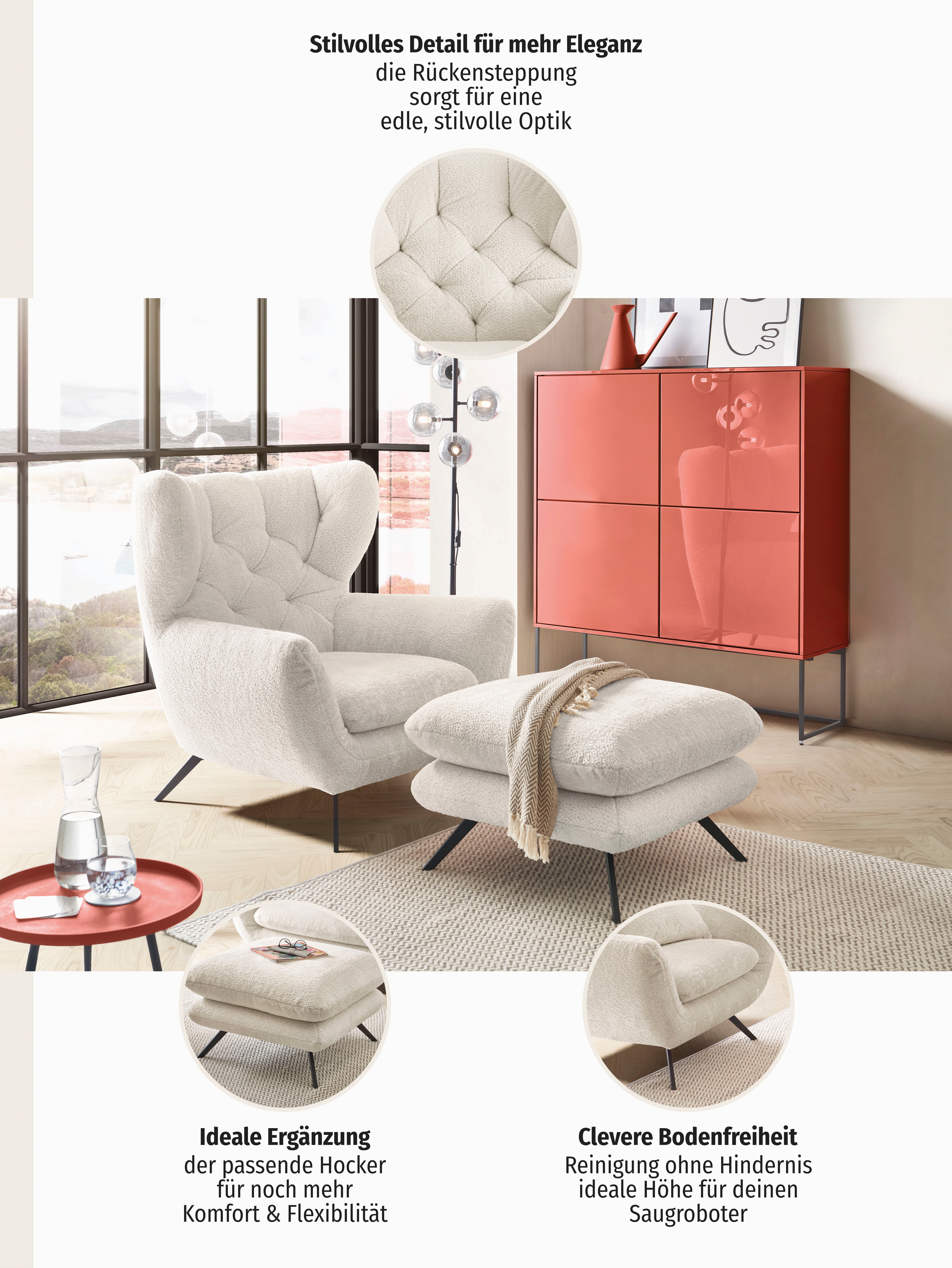 Thumbnail - 3C Candy Sessel "Beatrice Ohrensessel mit Knopfheftung im Rücken" bequemer Retro Solitärsessel auch in Cord und Fellimit...