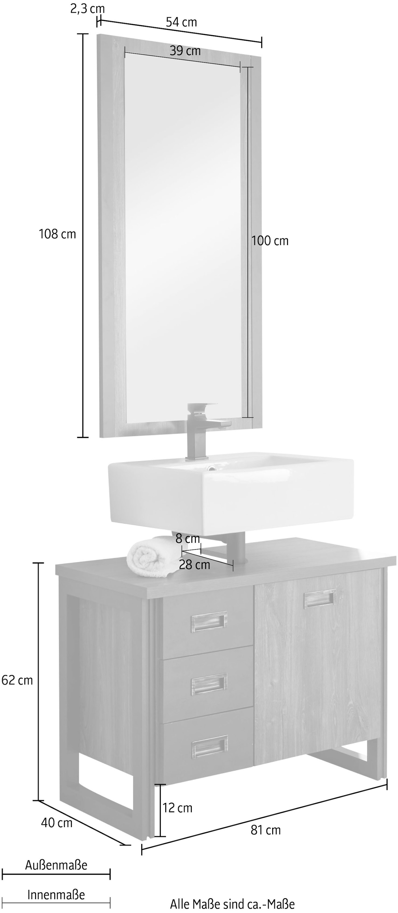 Home affaire Badmöbel-Set »Detroit, Bad im Industrialdesign, 2-teiliges Badezimmer«, (Set, 2 St.), Waschbeckenunterschrank und Spiegel, holzfarben, mit Stauraum