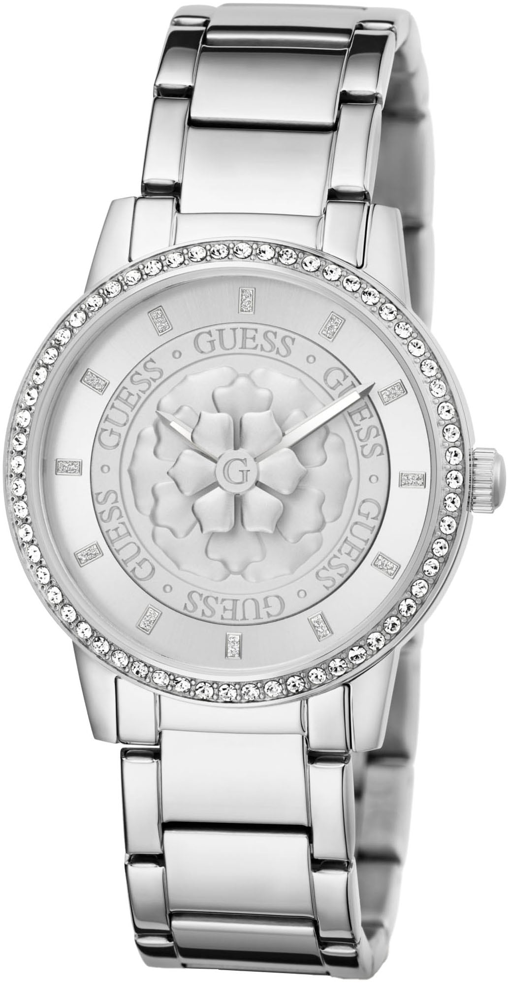 Guess Quarzuhr »PETAL«, Armbanduhr, Damenuhr, Kristallsteine, Mineralglas, Edelstahlarmband