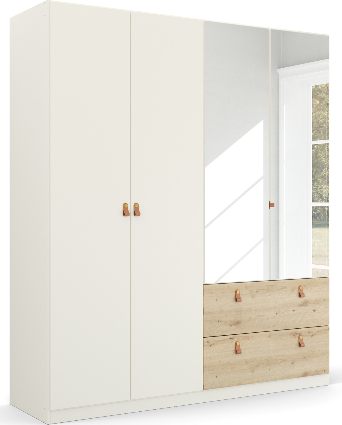 rauch "Kleiderschrank Schrank Garderobe Ankleide HOMEY BY QUADRA SPIN" Breiten: 181/226/271 cm, Höhe 210 cm, mit cognacbraunen Ledergrifflaschen, Schubladen in Eichen-Dekor