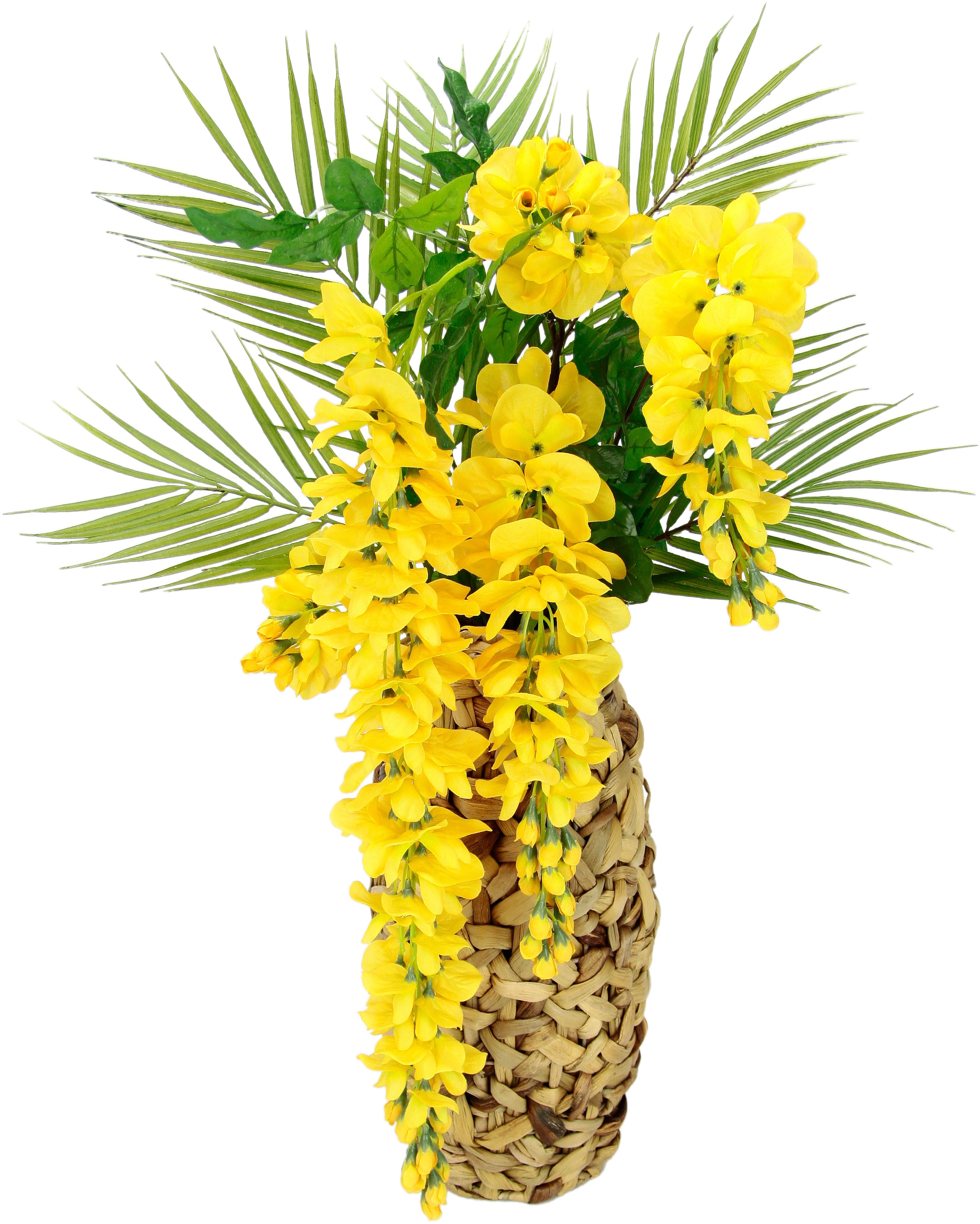 Kunstblume »Blumenarrangement Wasserhyazinthe Goldregen Vase bestellen BAUR mit I.GE.A. aus | Palmenzweige«,