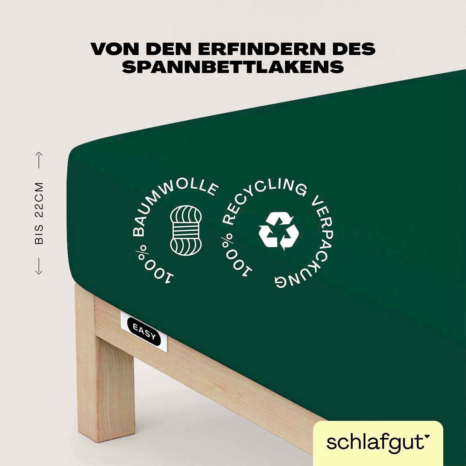 Schlafgut Spannbettlaken "EASY JERSEY Bettlaken, 150 g/m², 100% Baumwolle, Spannbetttuch" Spannbettlaken bis 22 cm Höhe, bügelfrei, pflegeleicht, perfekter Sitz