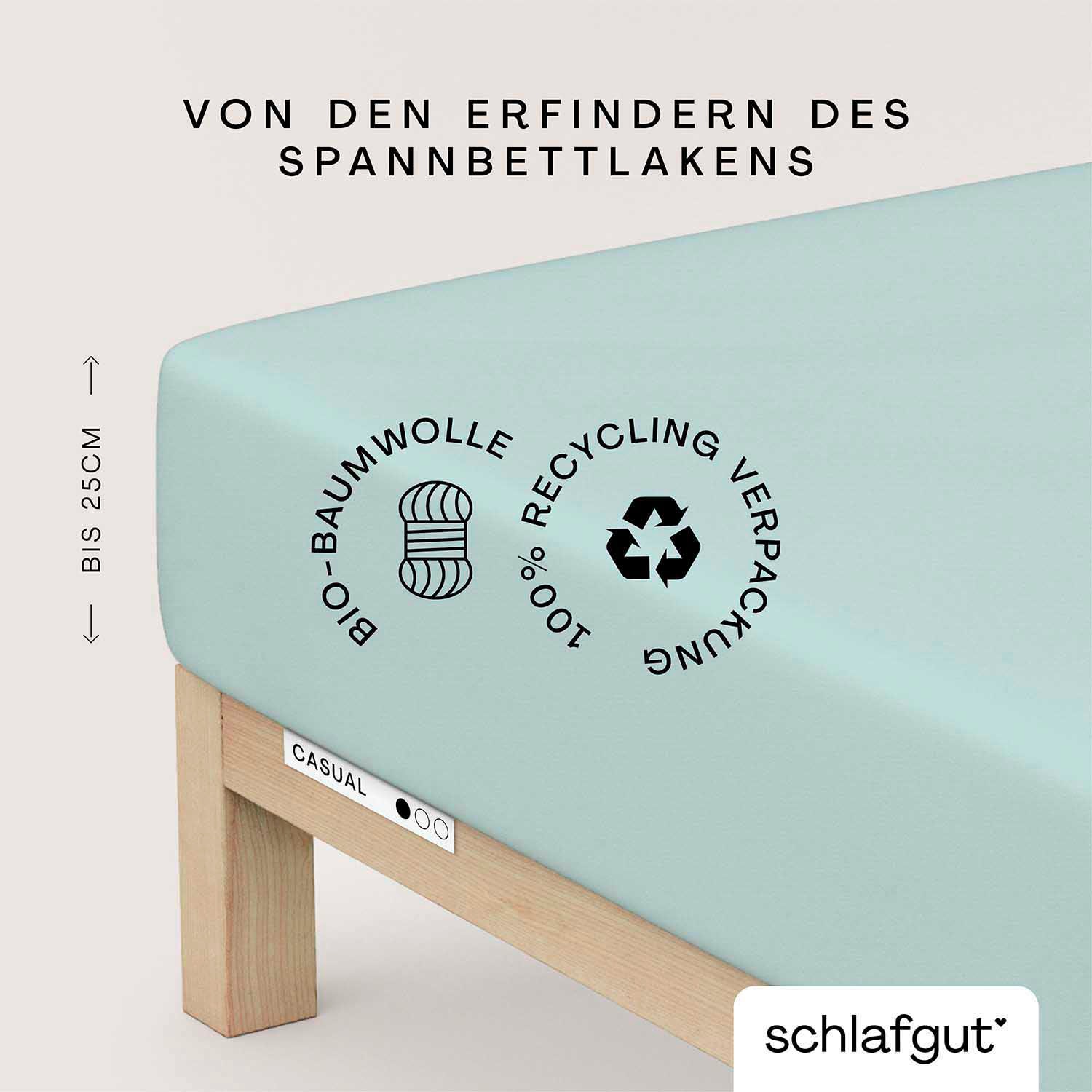 Schlafgut Spannbettlaken "CASUAL Bettlaken 100% gekämmte Bio-Baumwolle, 150 g/m², Spannbetttuch" Bettlaken bis 25 cm Höhe, langlebig, weich, Antipilling-Ausrüstung