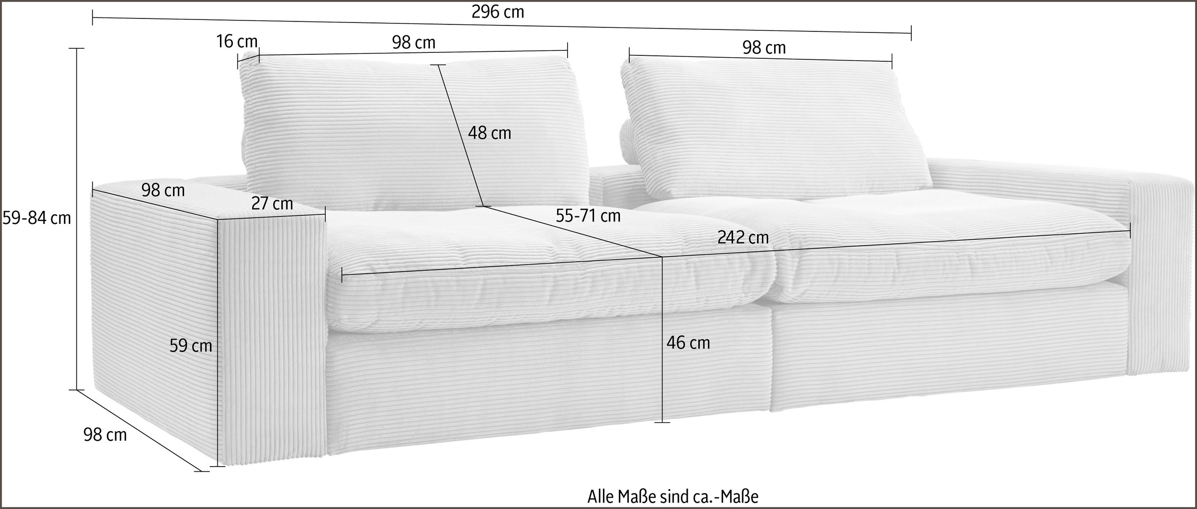 alina Big-Sofa »Sandy«, 296 cm breit und 98 cm tief, in modernem Cordstoff
