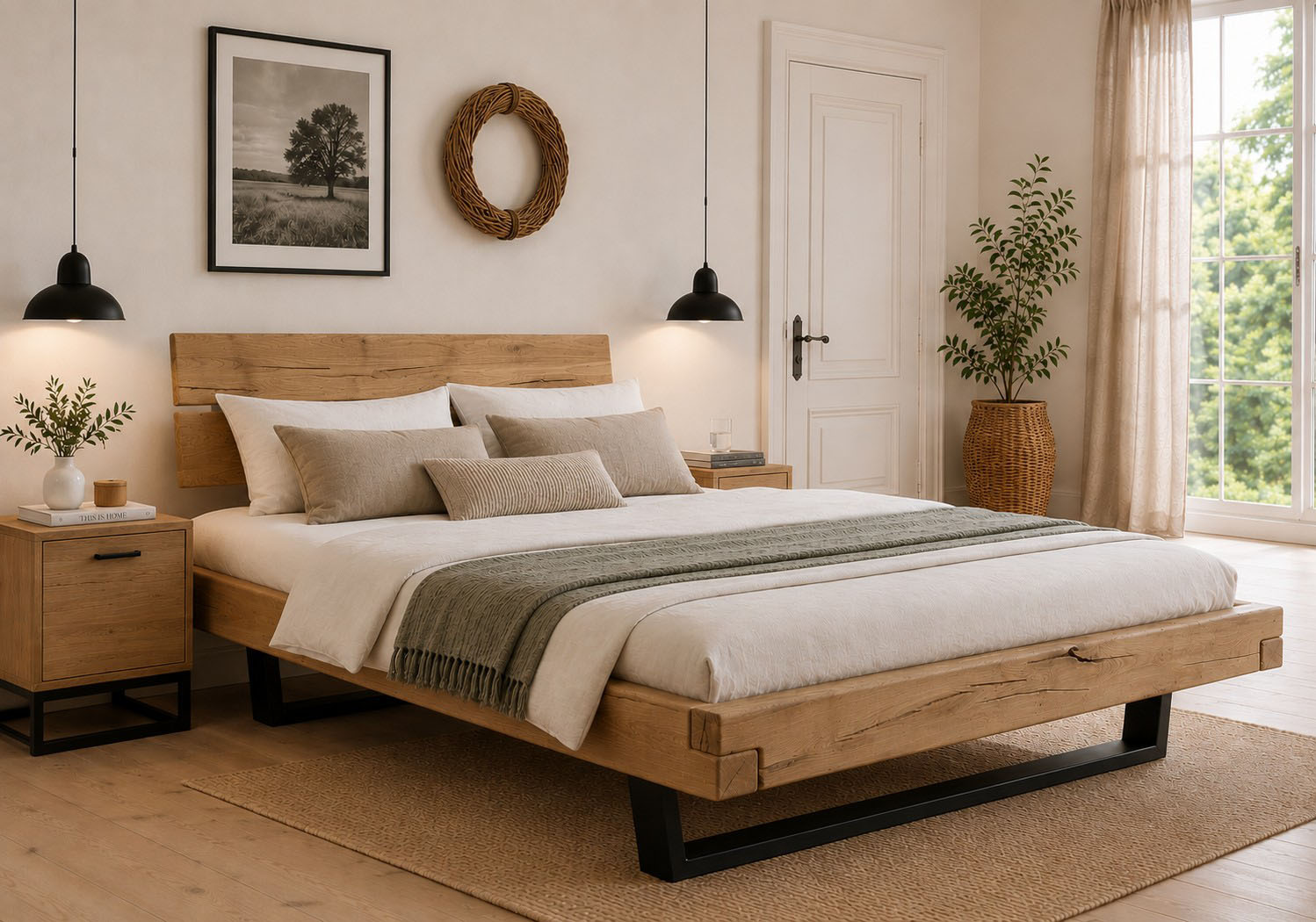 OTTO home "Ultima Balkenbett Doppelbett, Füße Metallkufe" hohe Belastbarkeit: 200kg je Seite, FSC-zertifizierte Wildeiche oder Fichte, viele Breiten zur Auswahl