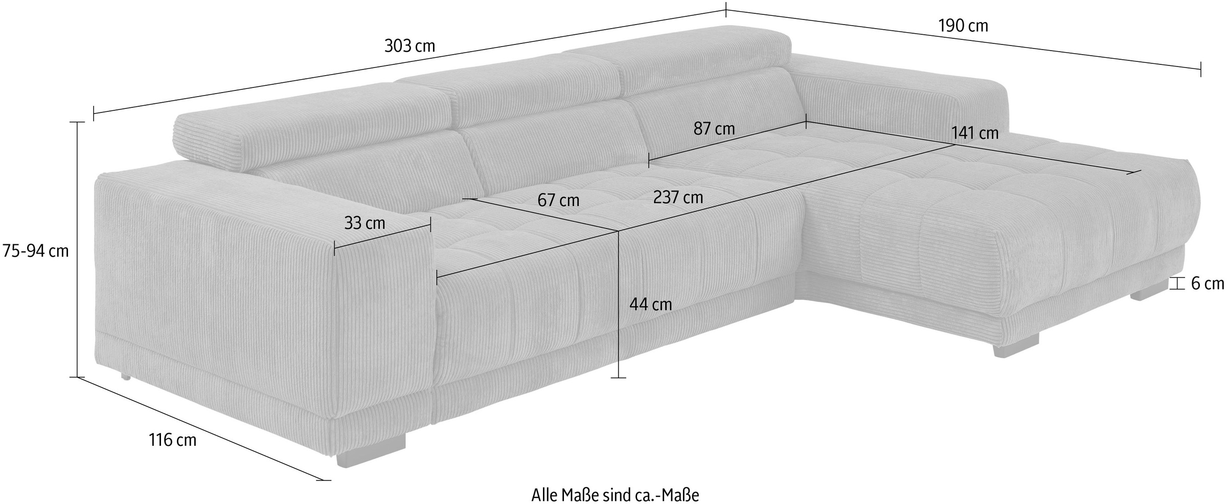 Die PlanBar Ecksofa »MP-IN15053 L-Form schmaler Schenkel«, mit Kopfteilverstellung, wahlweise mit manueller Vorziehbank