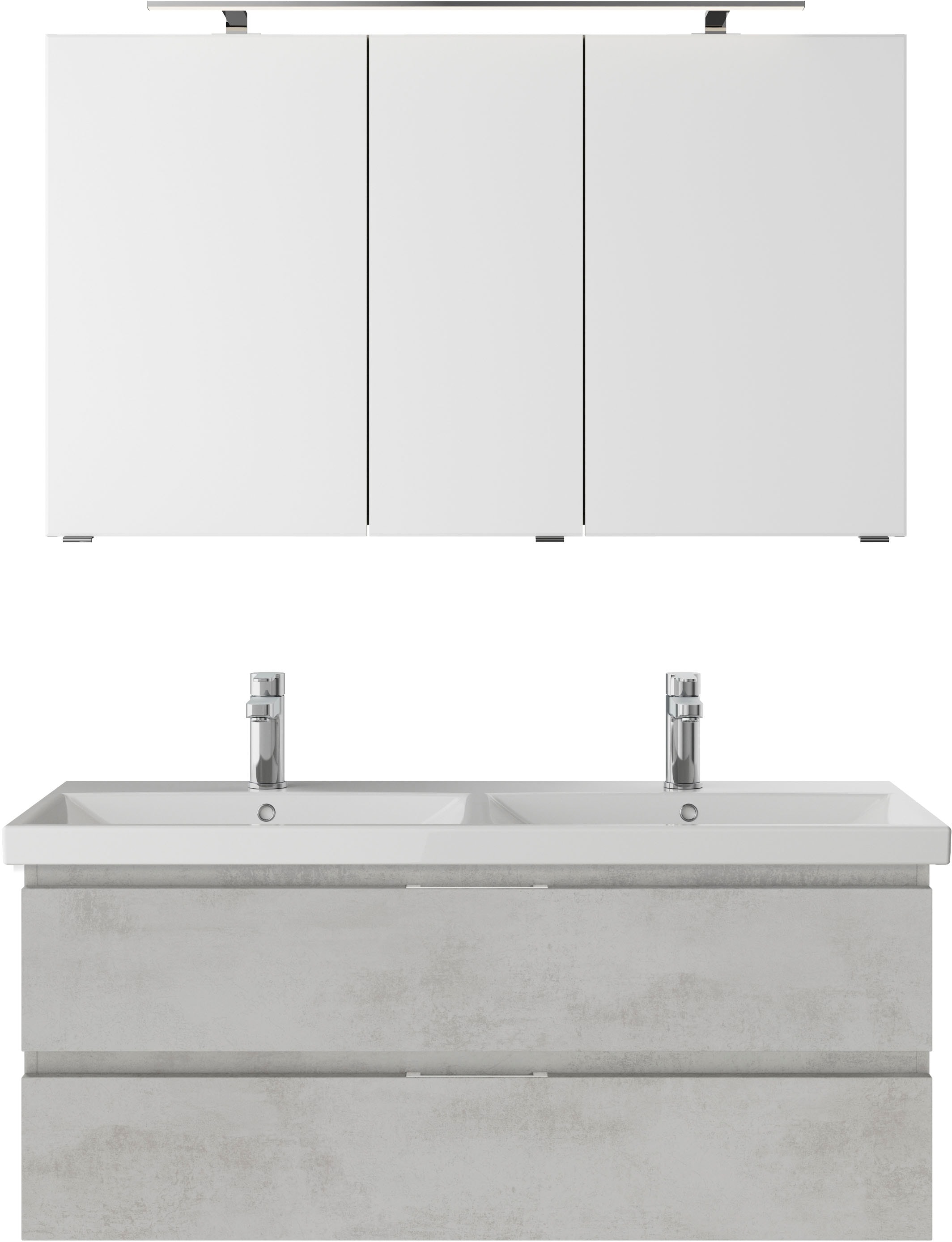 Saphir Badmöbel-Set »Serie 4035 2-teilig, Keramik-Doppelwaschtisch mit LED-Spiegelschrank«, (Set), Doppel-Waschplatz inkl Türdämpfer, 120 cm breit, 2 Schubladen, 3 Türen