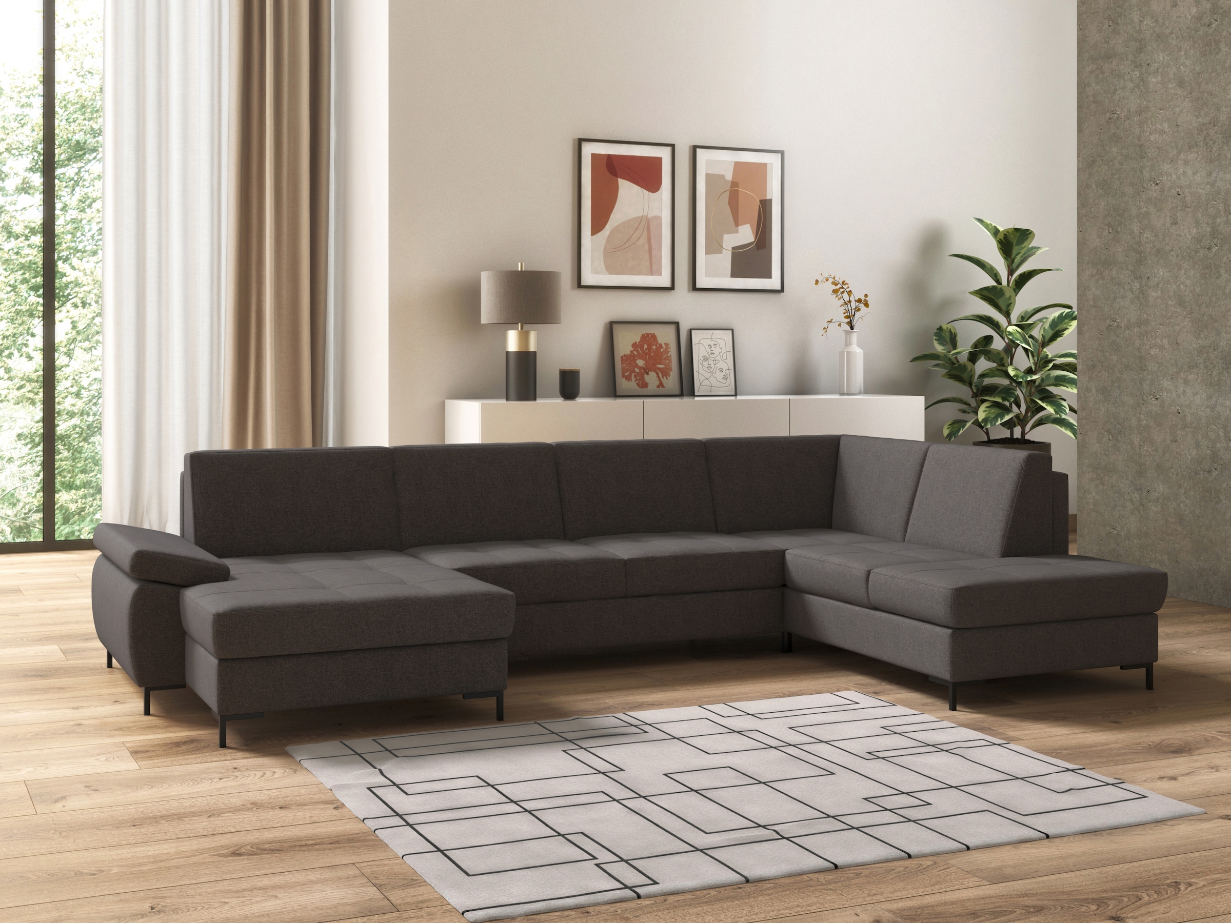 DOMO collection Wohnlandschaft "Capelo, komfortabel, klare Linien zeichnen dieses Design aus, U-Form" mit Armteilverstellung, wahlweise mit Bettfunktion, Federkern