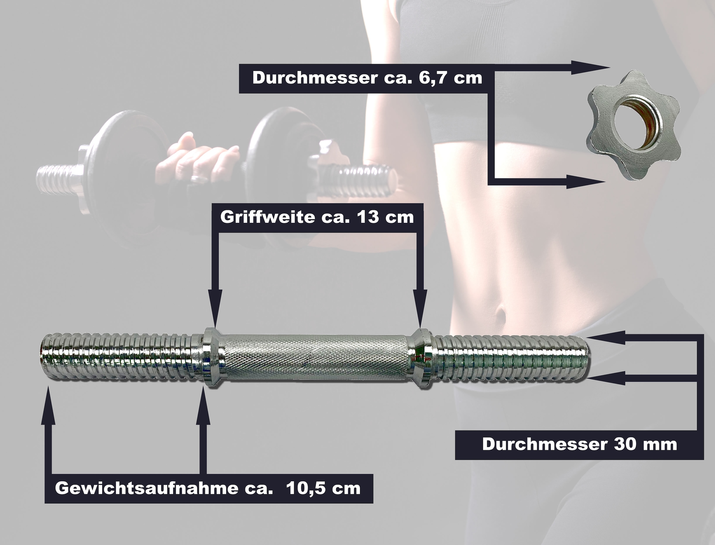 body coach Kurzhantelstange »Verchromt, 35 cm 14" für Standard Gewichte 30mm Innenmaß«, Stahl-Chrom, (3 tlg.), kreuzgerändelter Griff