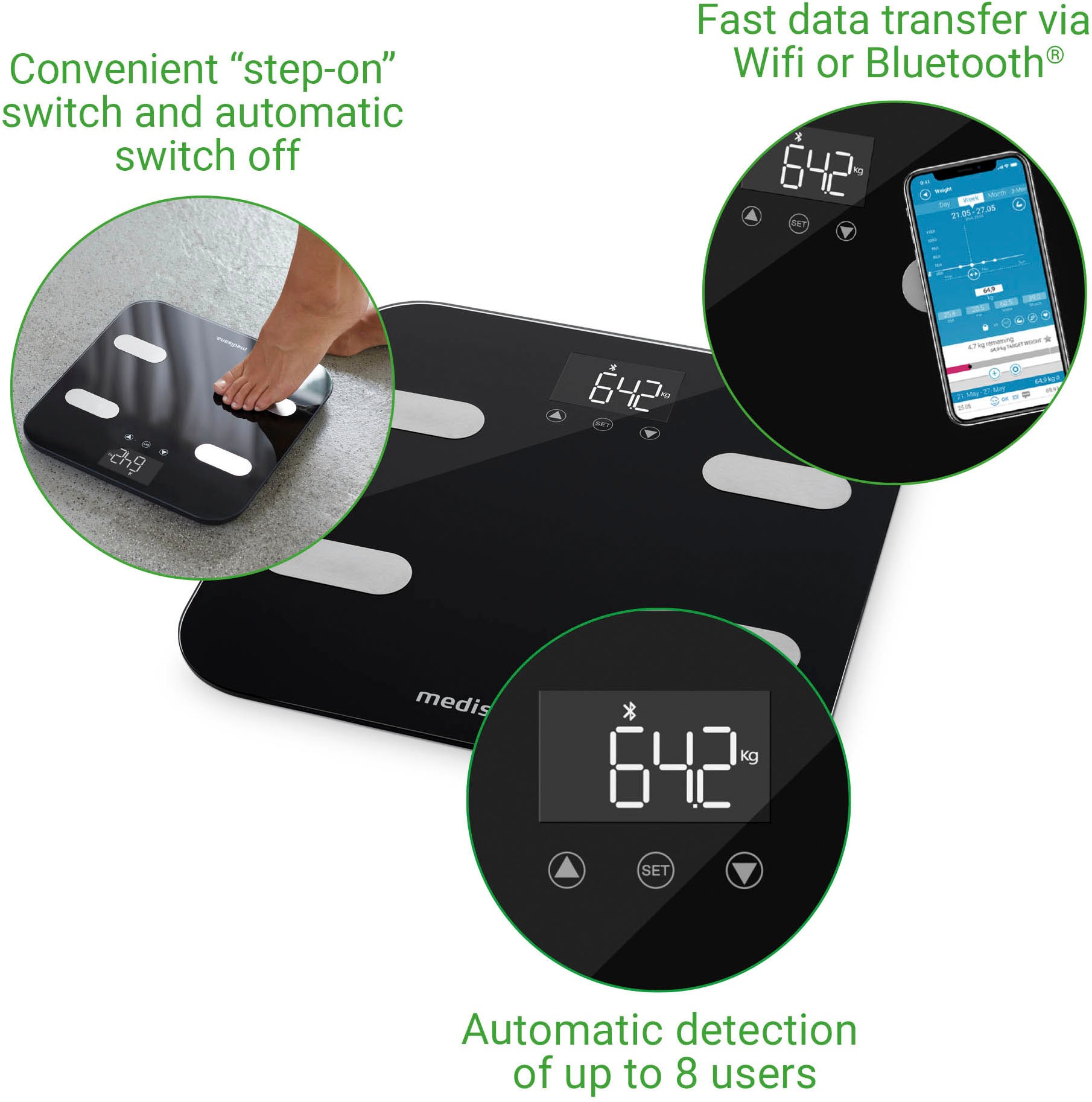 Medisana Körper-Analyse-Waage »BS 602«, Waage misst Körperwerte & sendet Daten via Bluetooth zu VitaDock+