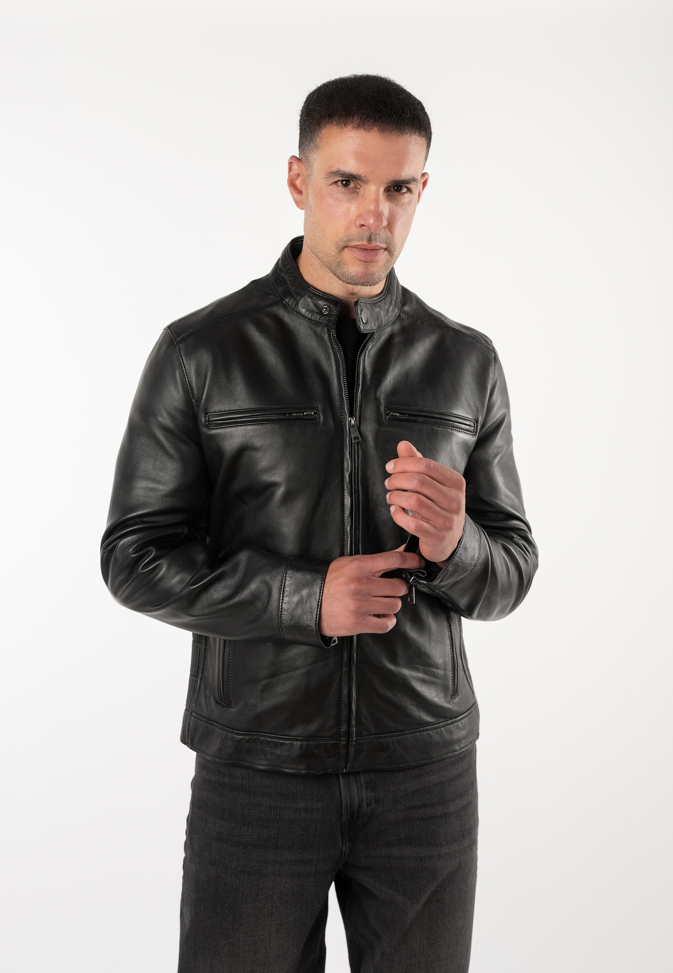 Mauritius Lederjacke »MMBlaco« im Biker-Stil mit Stehkragen und Drucker