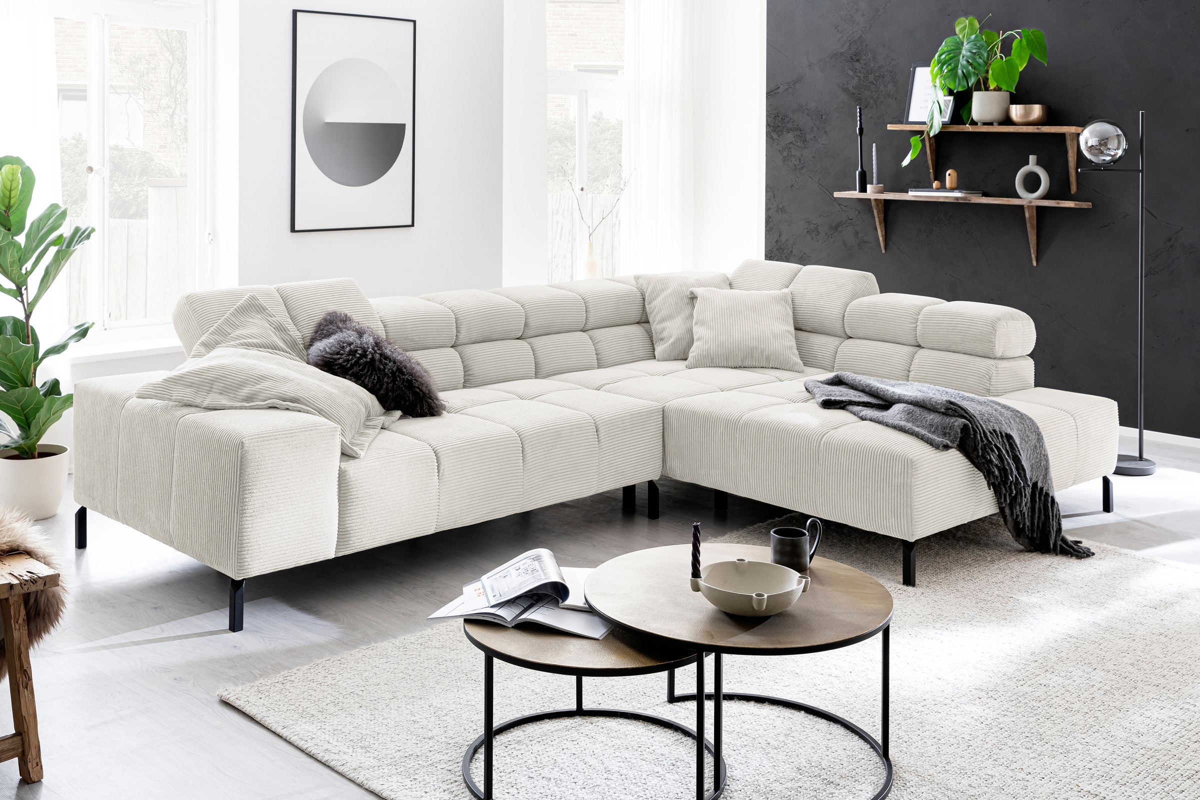 INOSIGN Ecksofa »Ancona New, wahlweise motorische Sitztiefenverstellung, auch in Cord«, feine Steppung, mit Kopfteilverstellung, 3 Zierkissen, L-Form